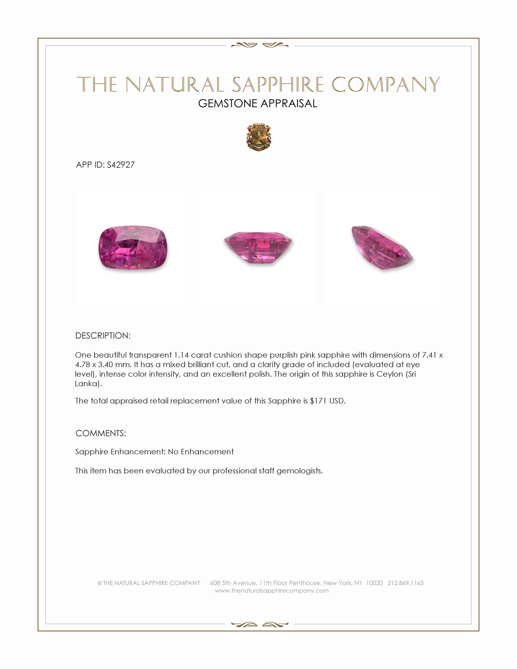 1.14 Ct. Purplish Pink Sapphire from Ceylon (Sri Lanka)