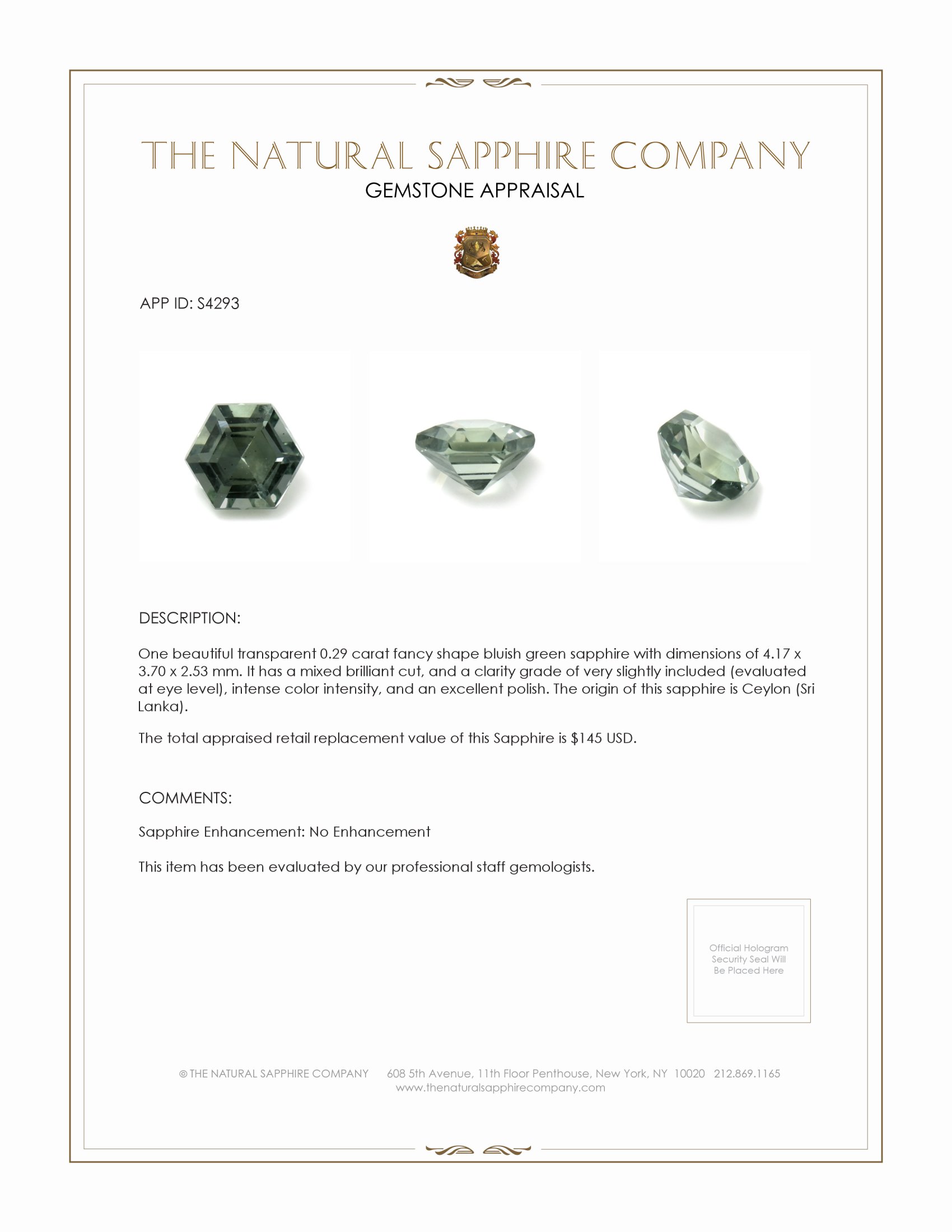0.29 Ct. Bluish Green Sapphire from Ceylon (Sri Lanka)