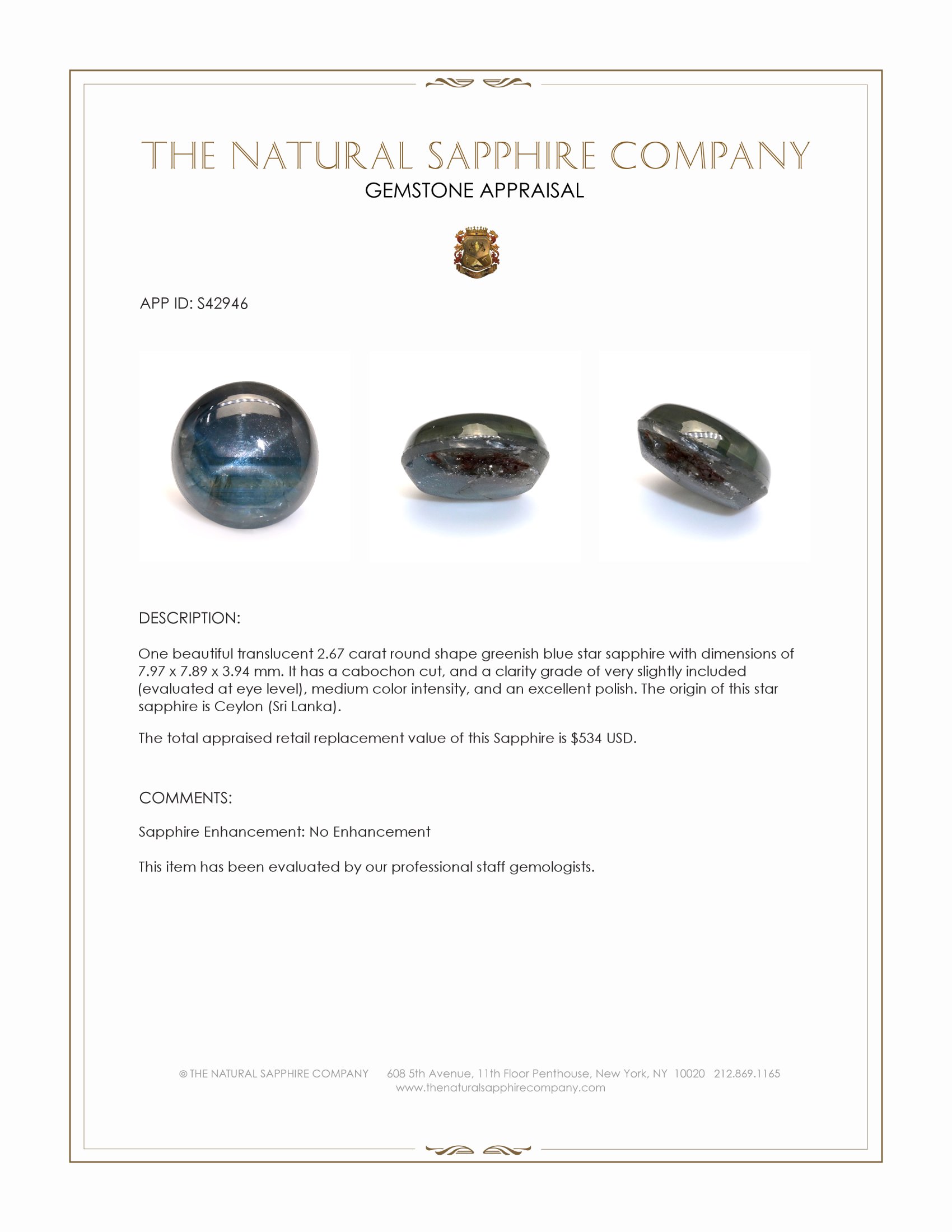 2.67 Ct. Greenish Blue Star Sapphire from Ceylon (Sri Lanka)
