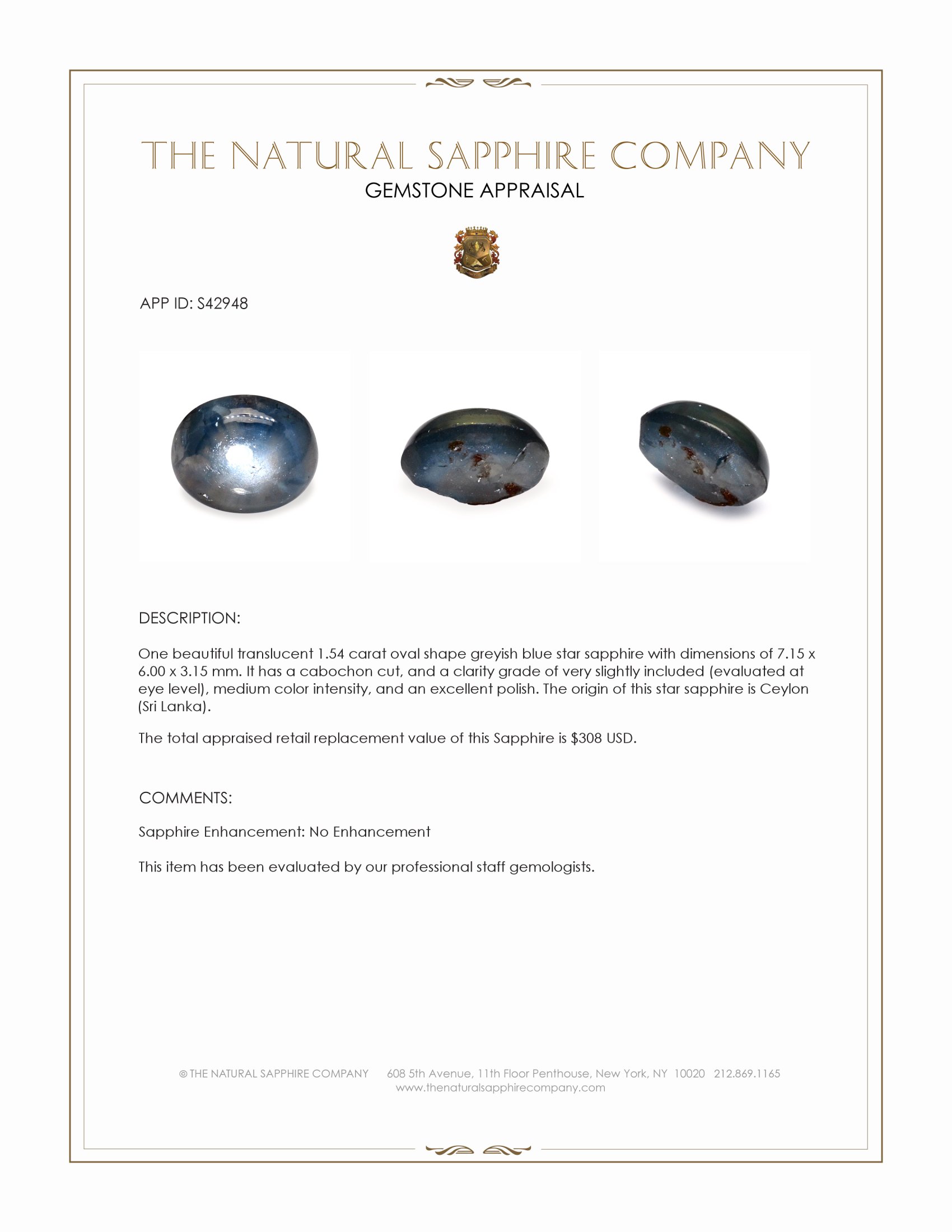 1.54 Ct. Greyish Blue Star Sapphire from Ceylon (Sri Lanka)