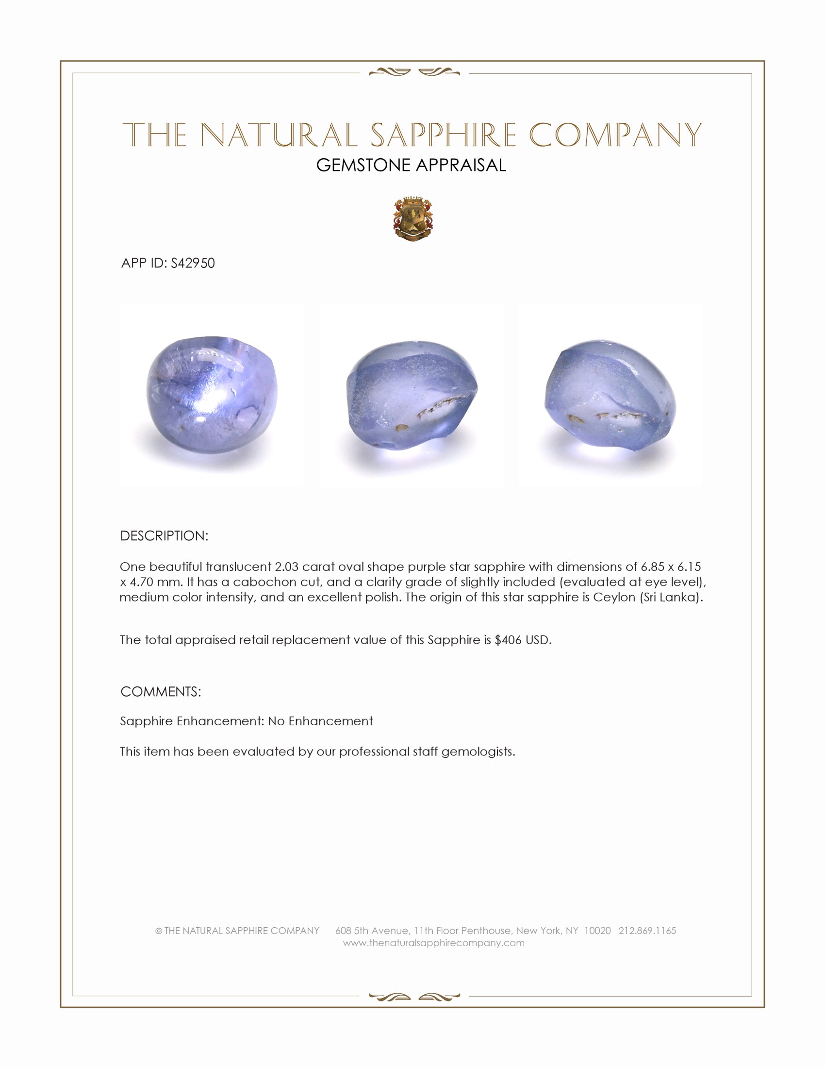2.03 Ct. Purple Star Sapphire from Ceylon (Sri Lanka)