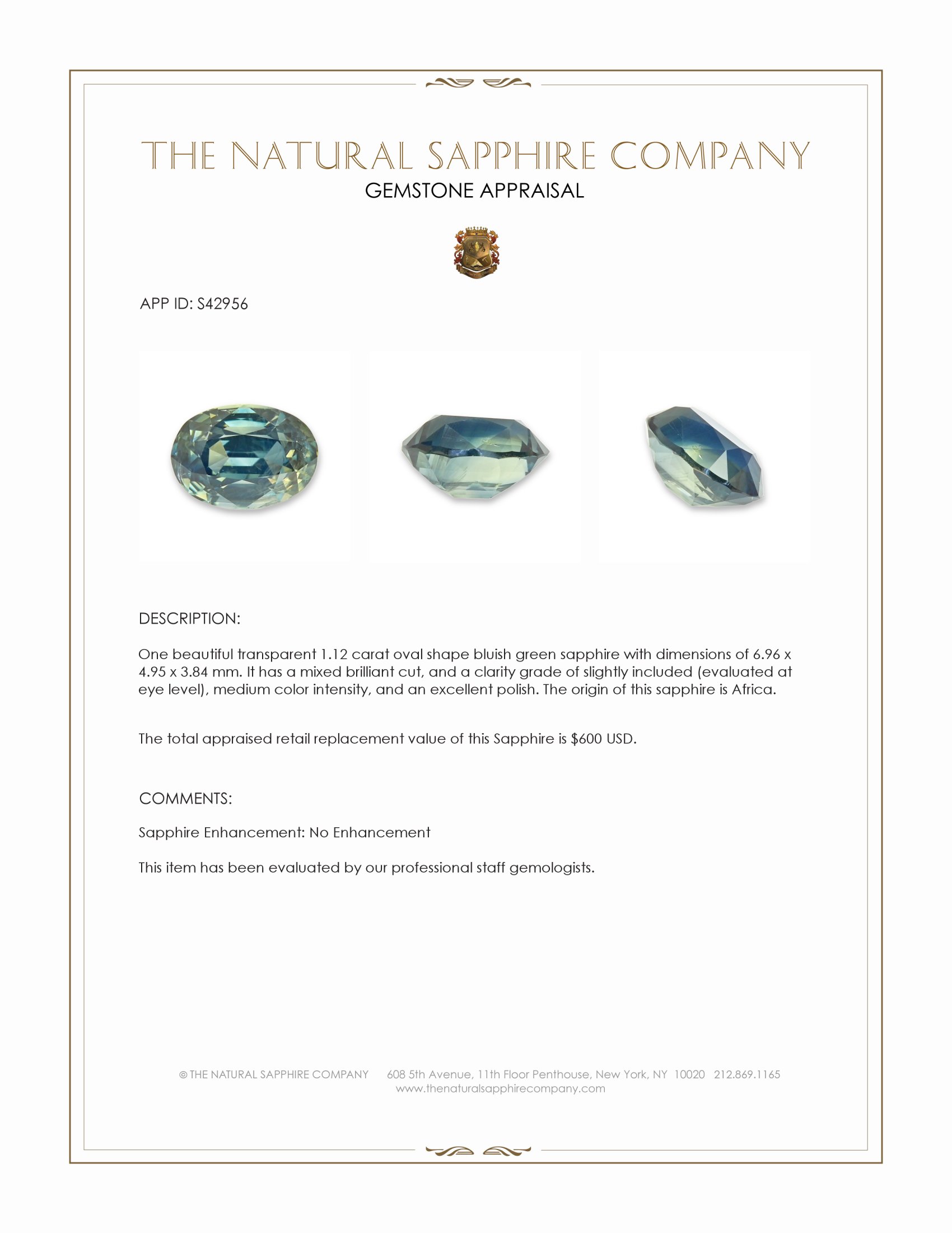 1.12 Ct. Bluish Green Sapphire from Africa