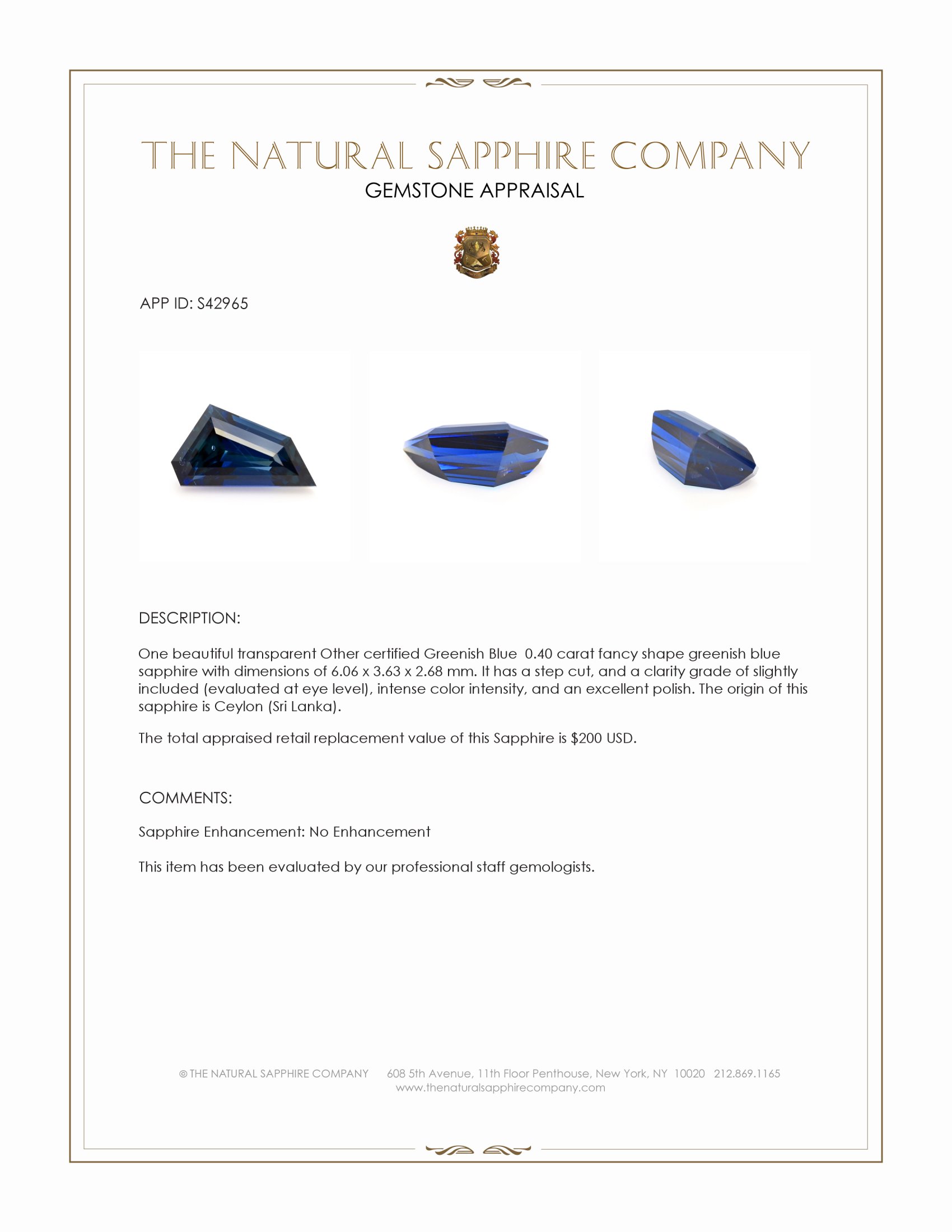 0.40 Ct. Greenish Blue Sapphire from Ceylon (Sri Lanka)