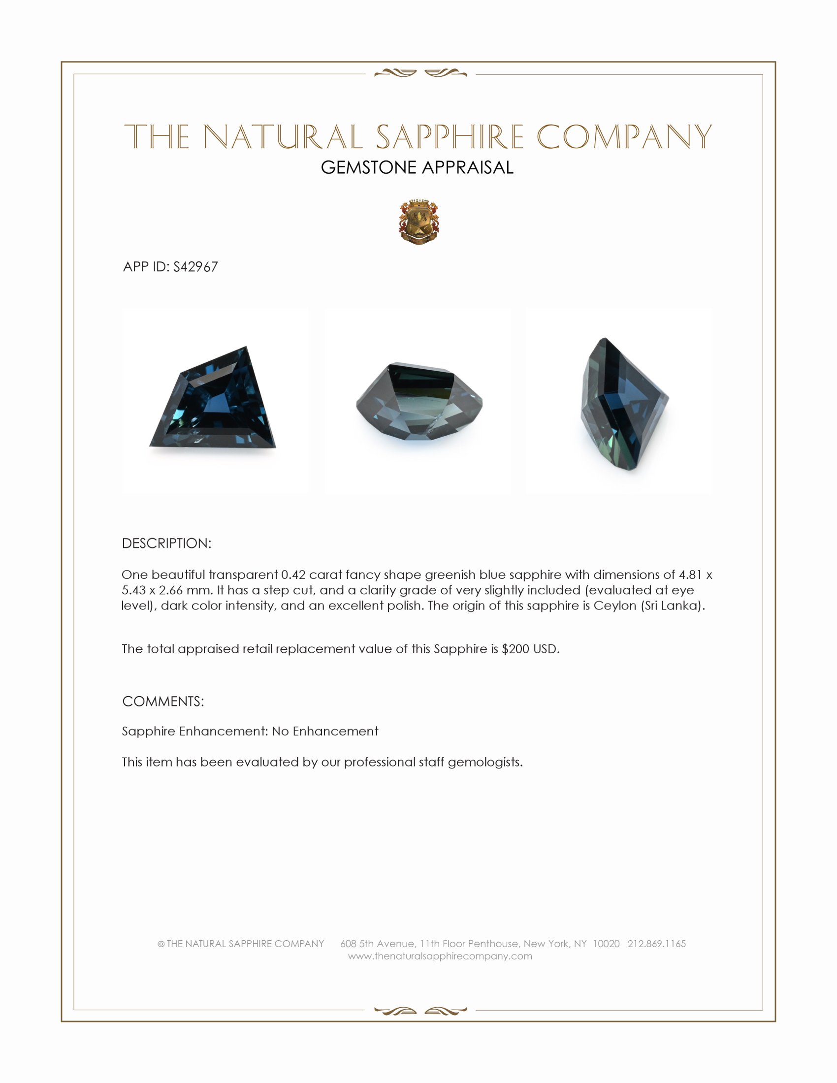 0.42 Ct. Greenish Blue Sapphire from Ceylon (Sri Lanka)