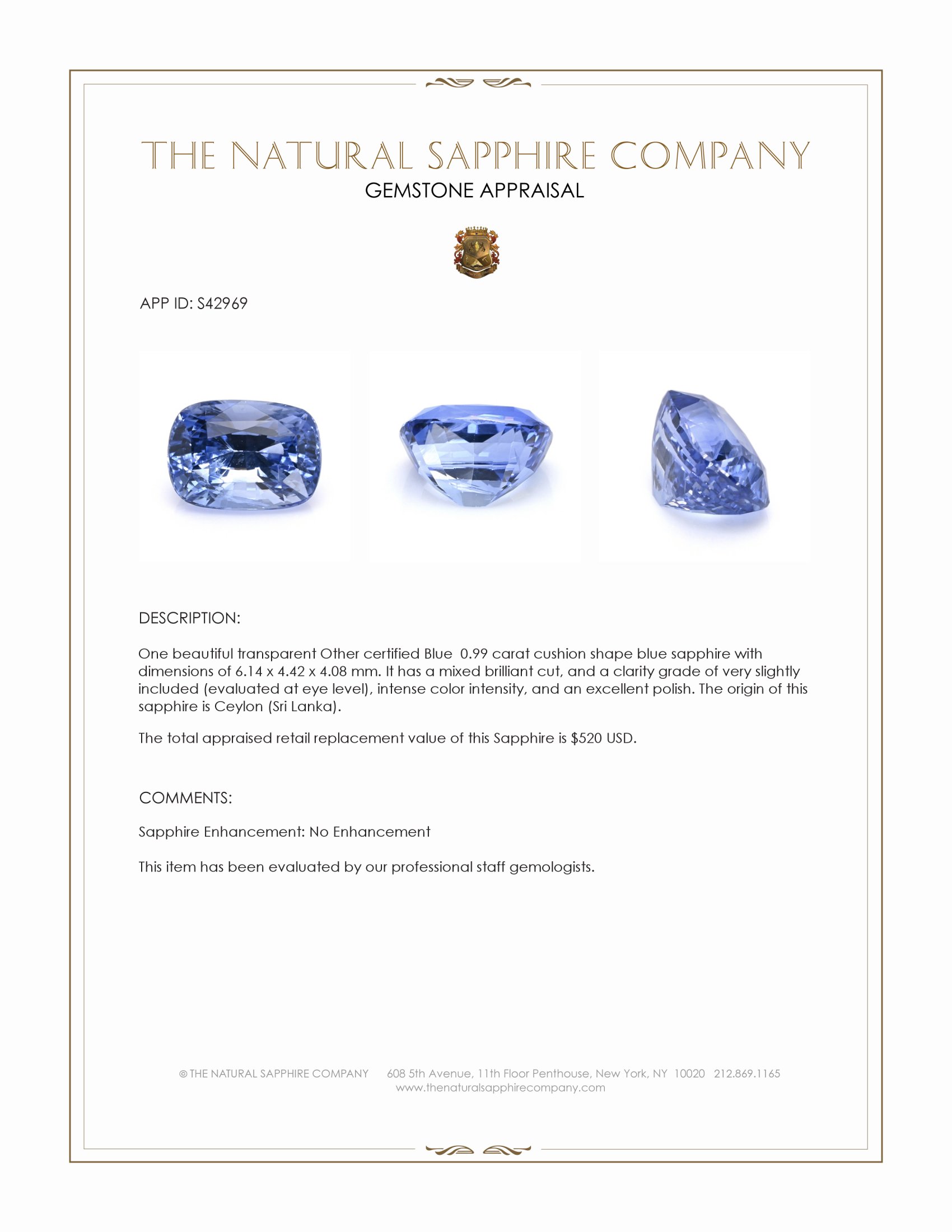0.99 Ct. Blue Sapphire from Ceylon (Sri Lanka)