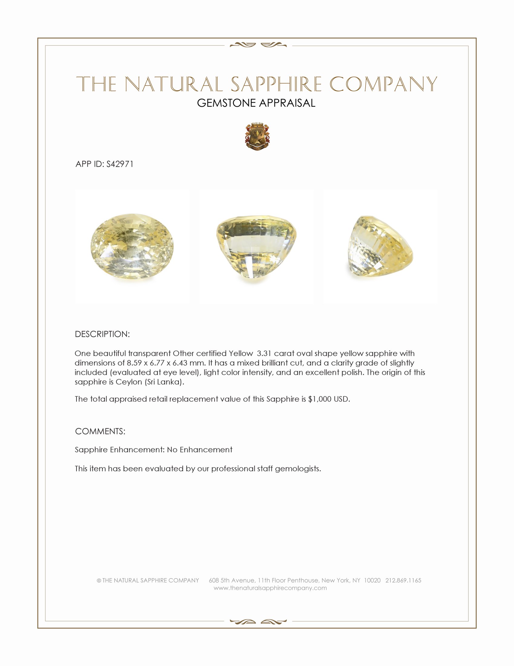 3.31 Ct. Yellow Sapphire from Ceylon (Sri Lanka)