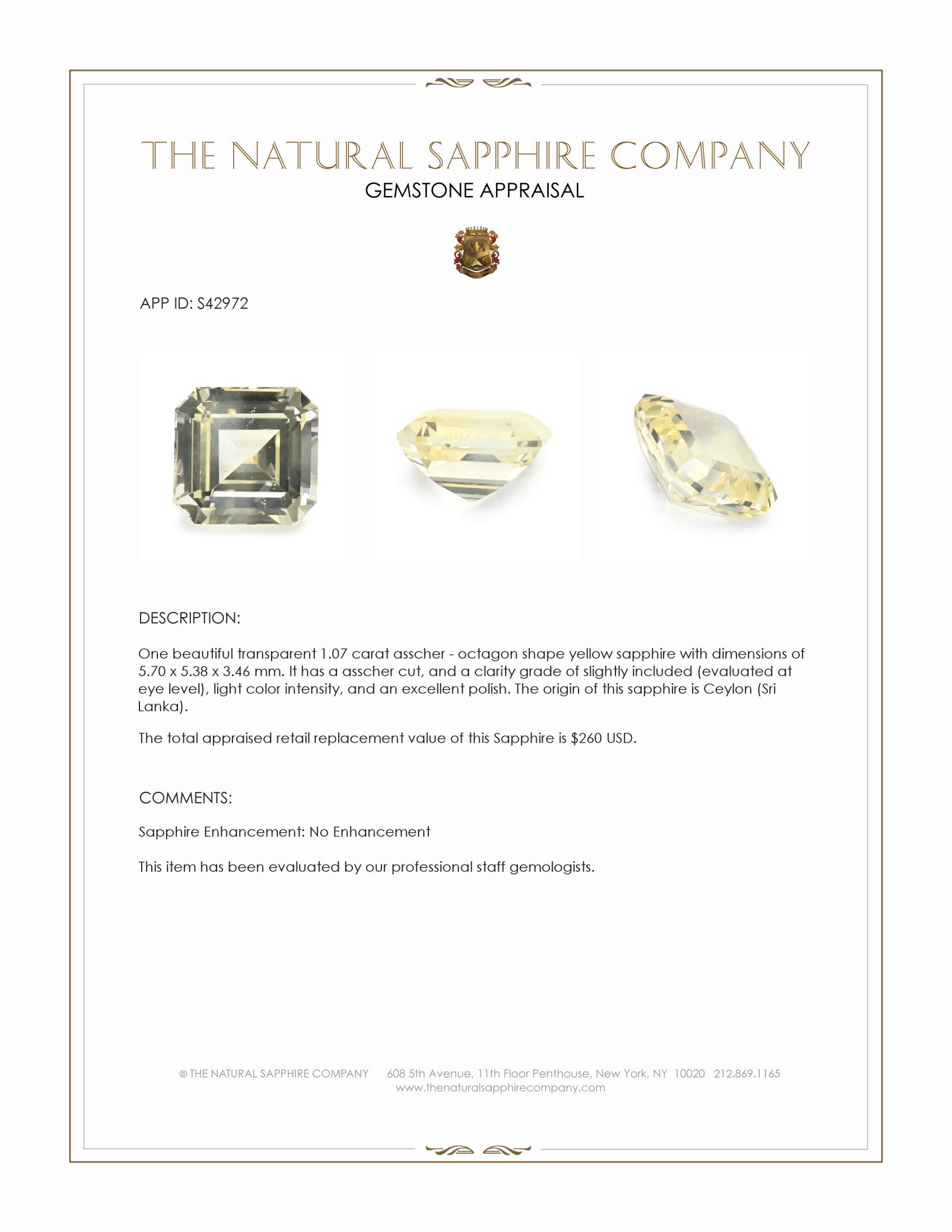 1.07 Ct. Yellow Sapphire from Ceylon (Sri Lanka)