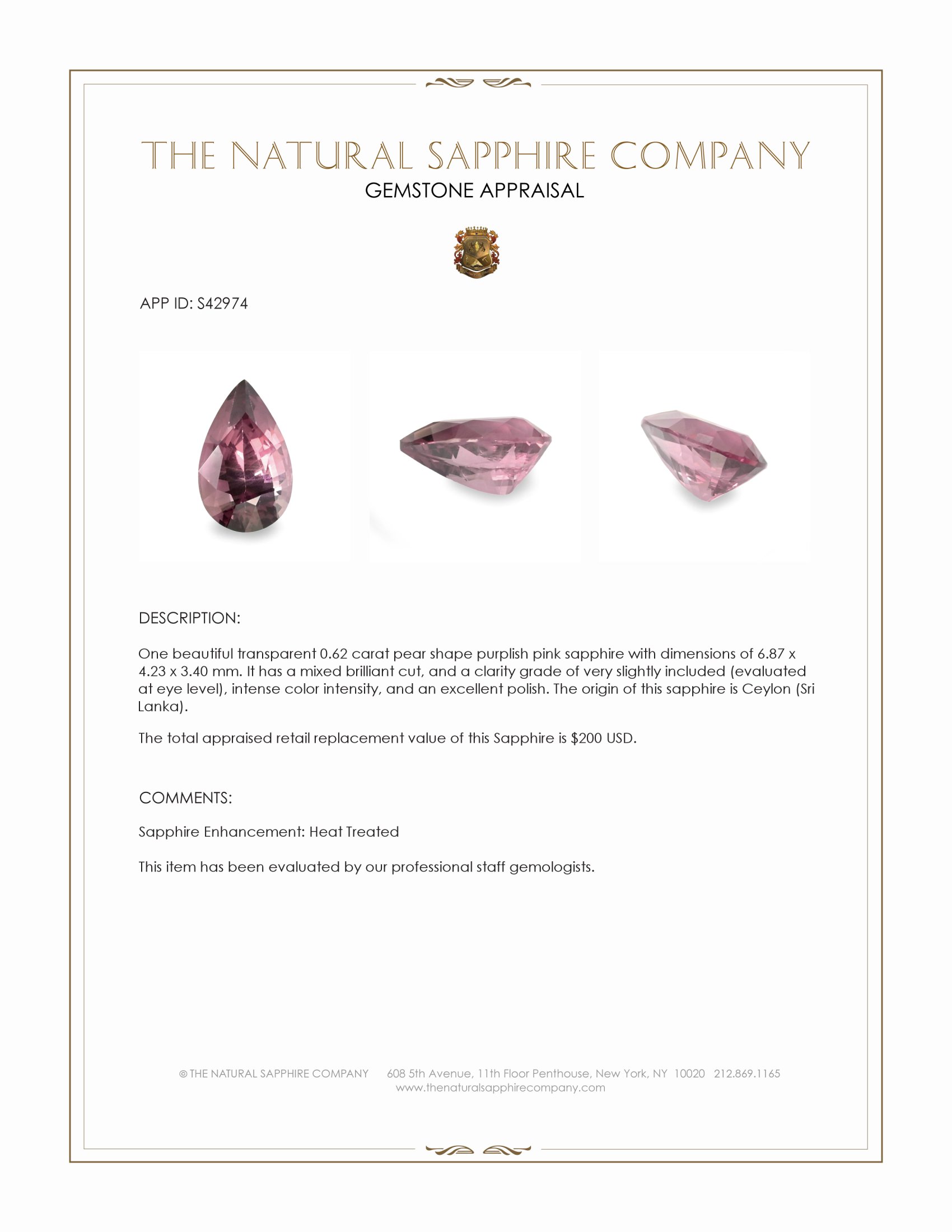 0.62 Ct. Purplish Pink Sapphire from Ceylon (Sri Lanka)