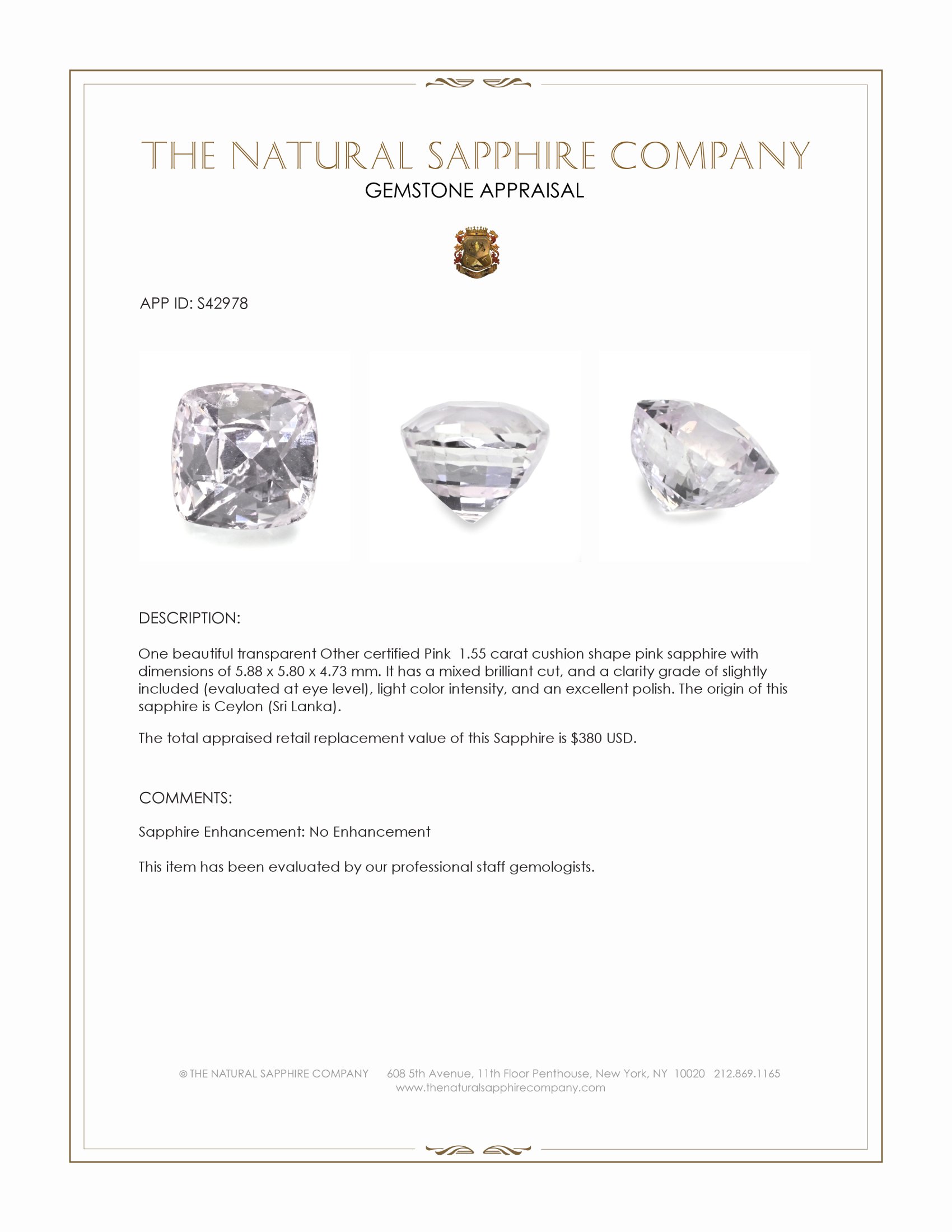 1.55 Ct. Pink Sapphire from Ceylon (Sri Lanka)