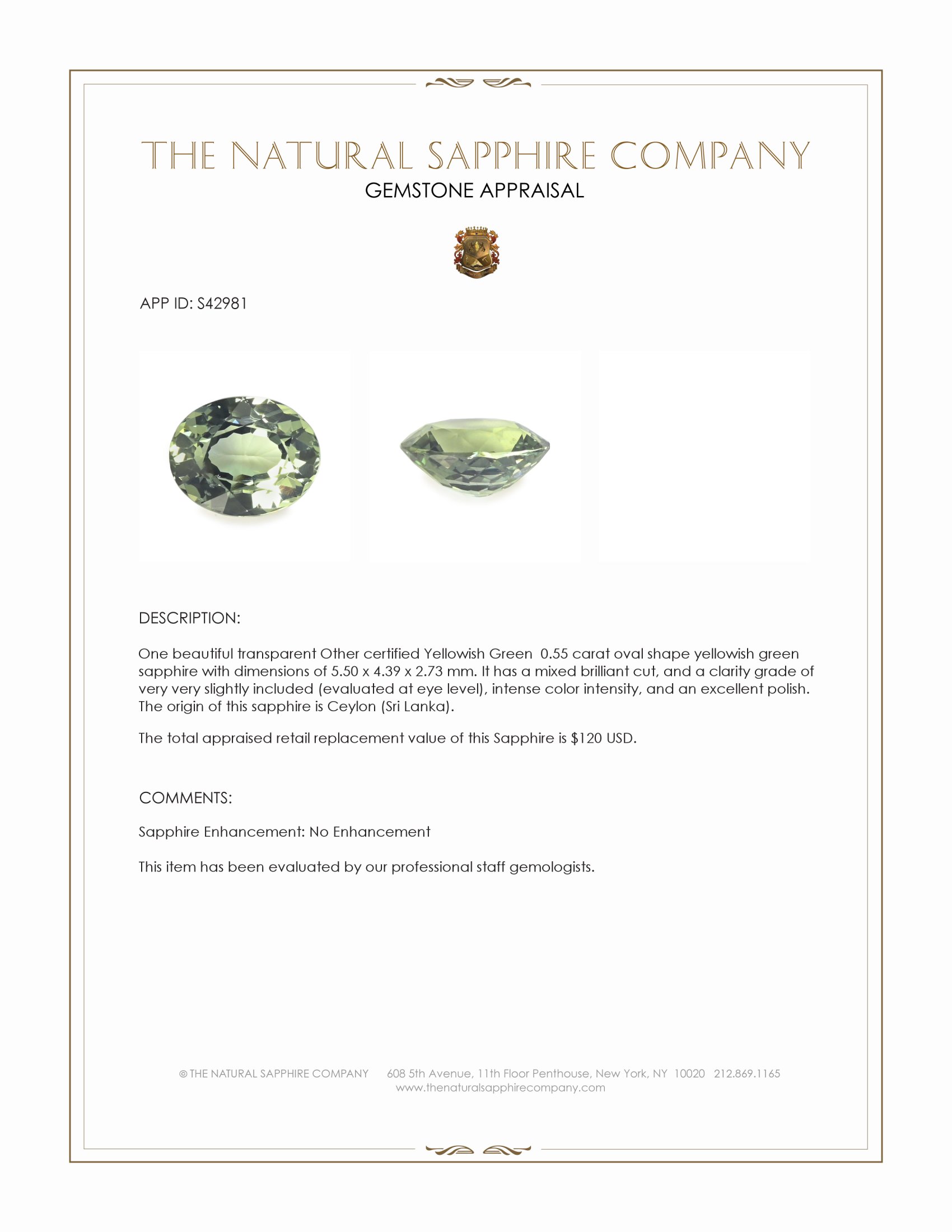 0.55 Ct. Yellowish Green Sapphire from Ceylon (Sri Lanka)