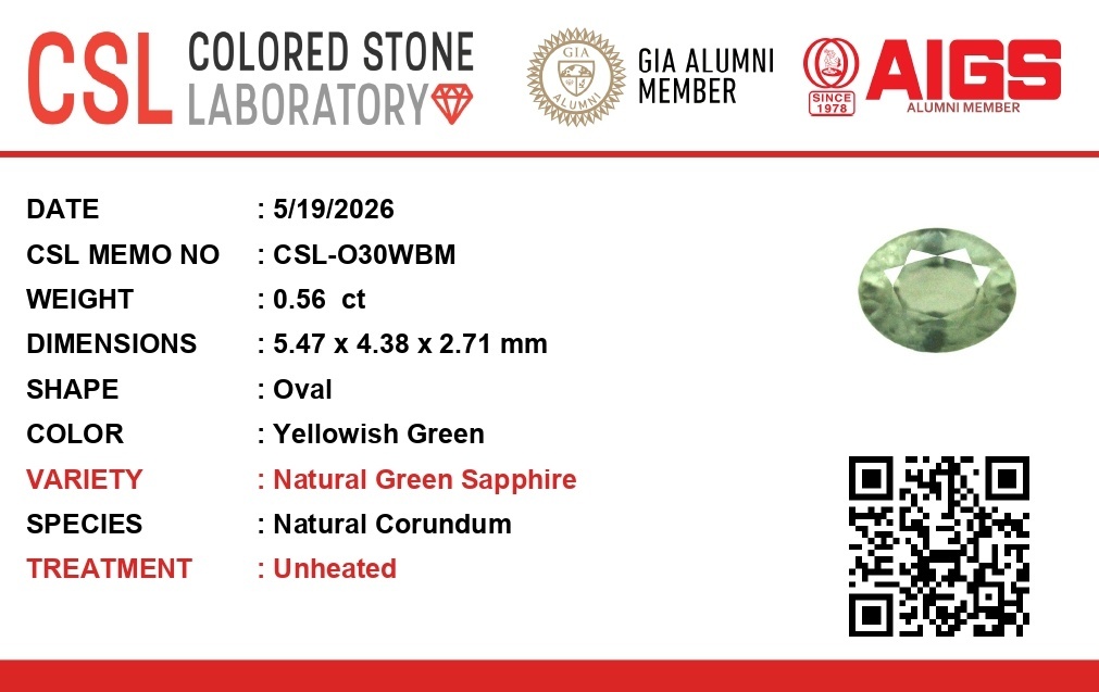 0.55 Ct. Yellowish Green Sapphire from Ceylon (Sri Lanka)