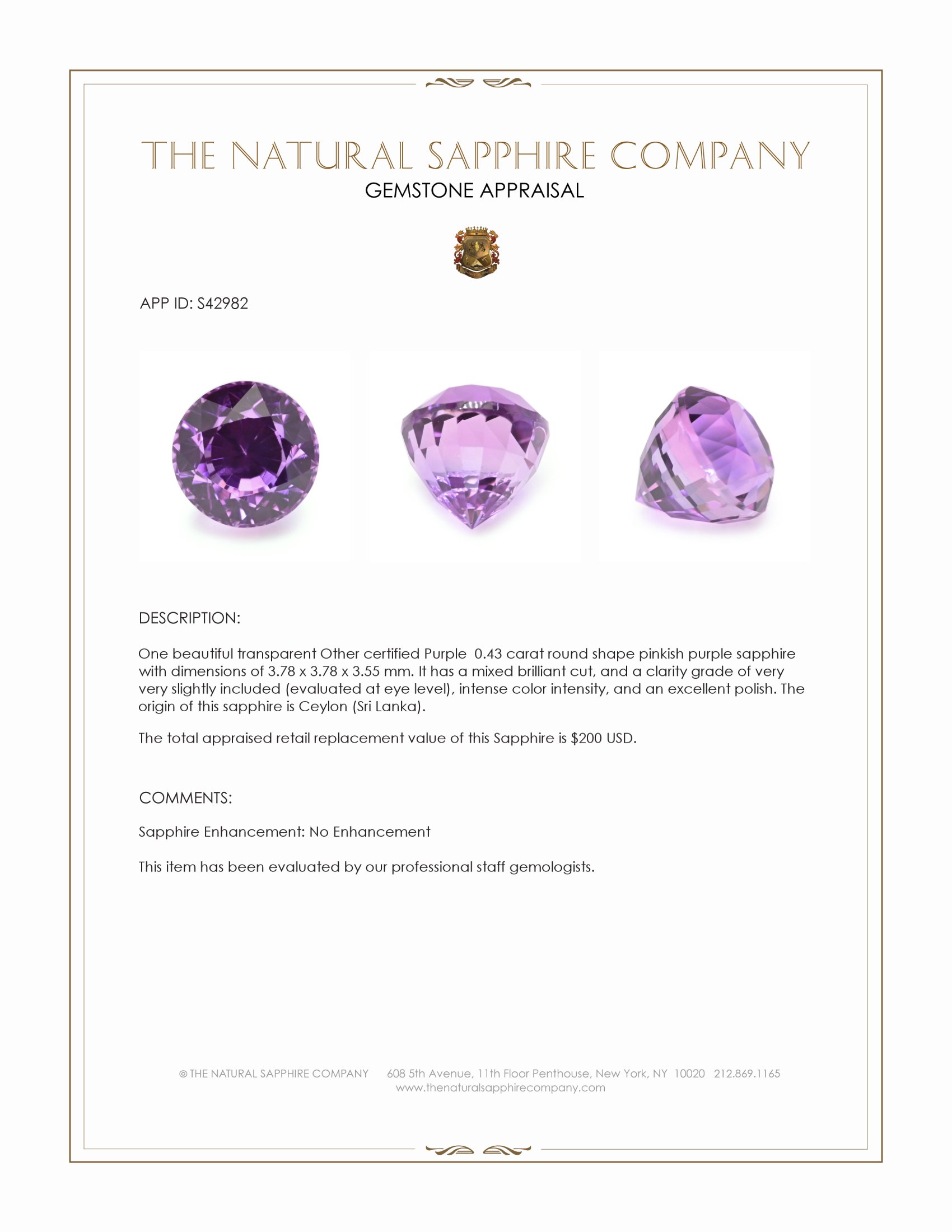 0.43 Ct. Pinkish Purple Sapphire from Ceylon (Sri Lanka)