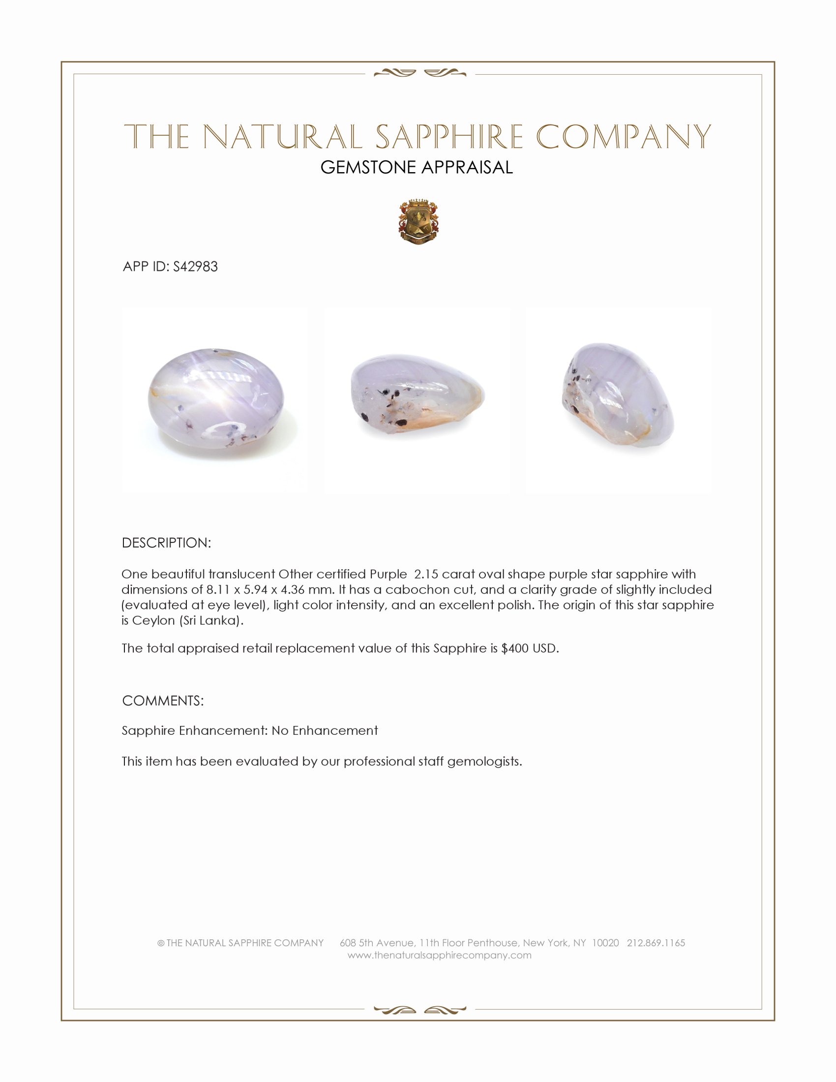 2.15 Ct. Purple Star Sapphire from Ceylon (Sri Lanka)