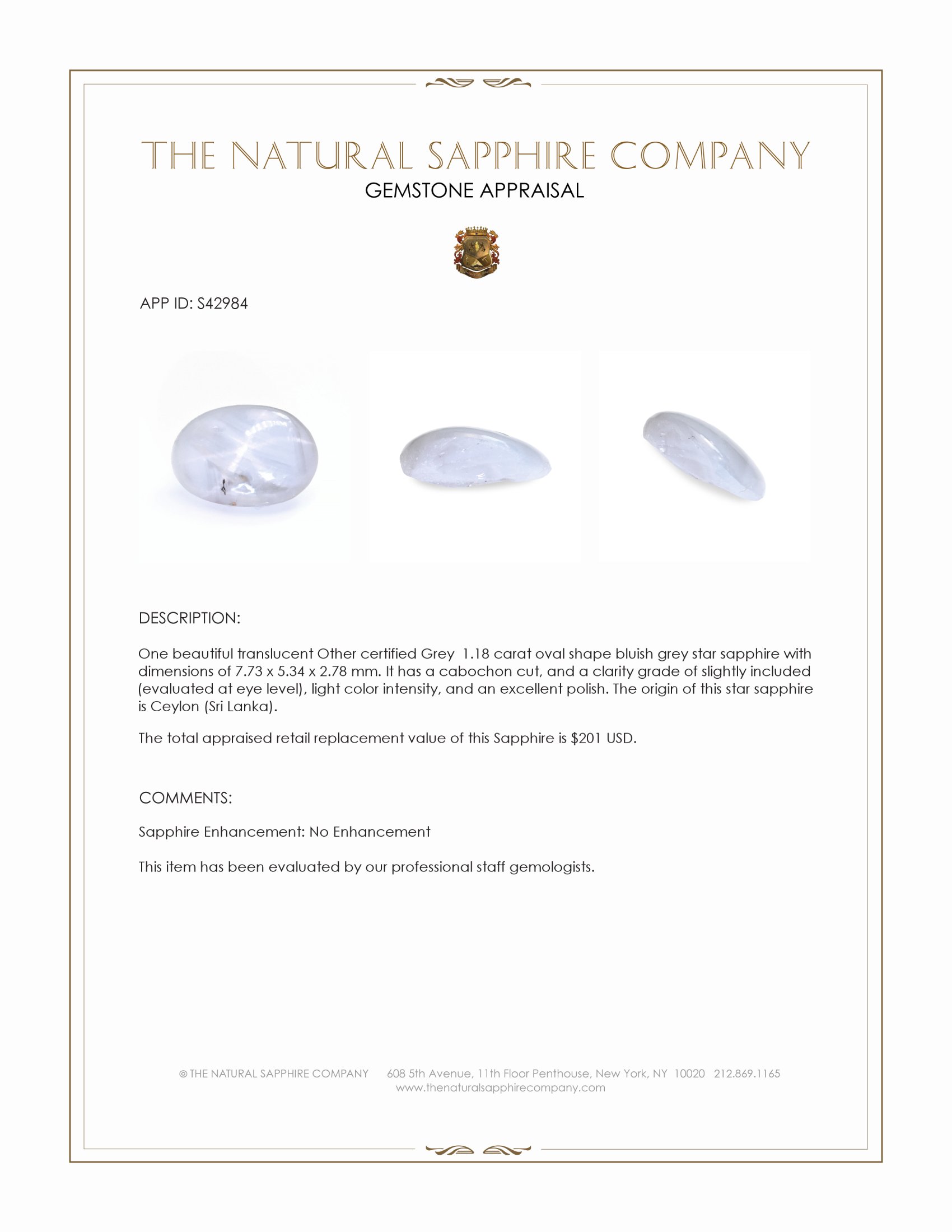 1.18 Ct. Bluish Grey Star Sapphire from Ceylon (Sri Lanka)