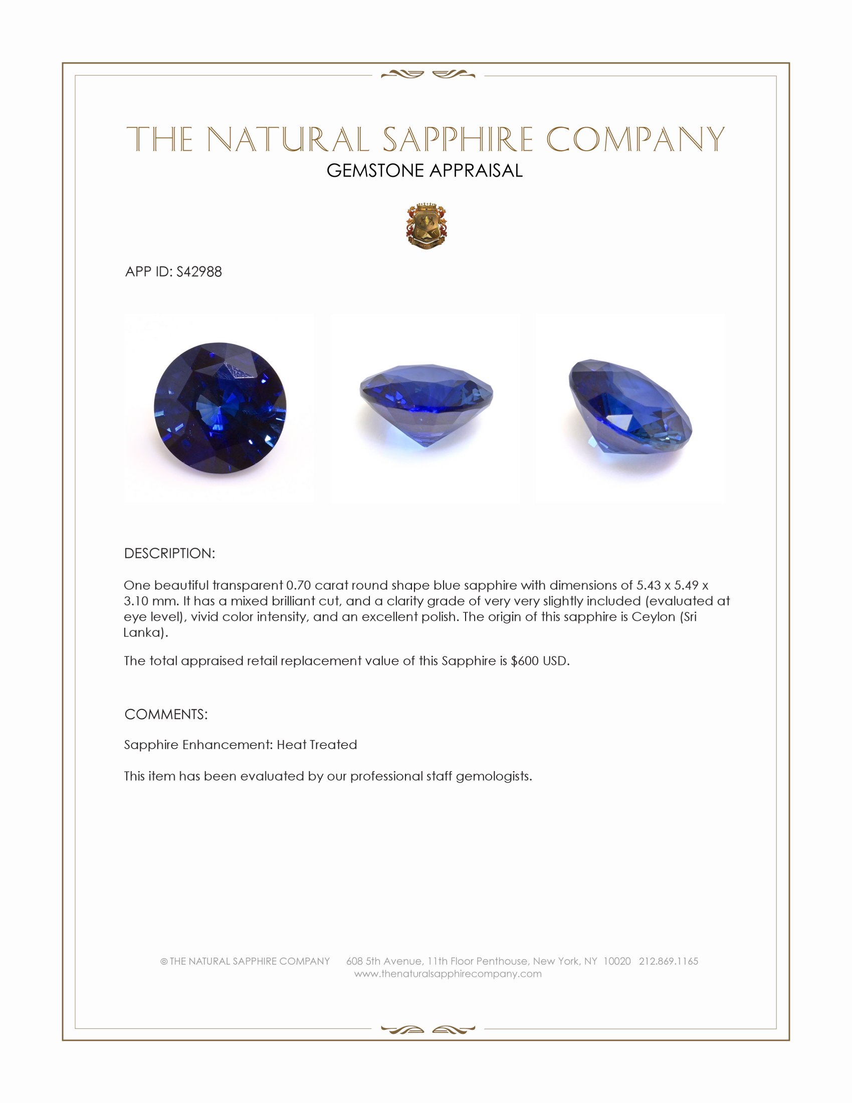 0.70 Ct. Blue Sapphire from Ceylon (Sri Lanka)
