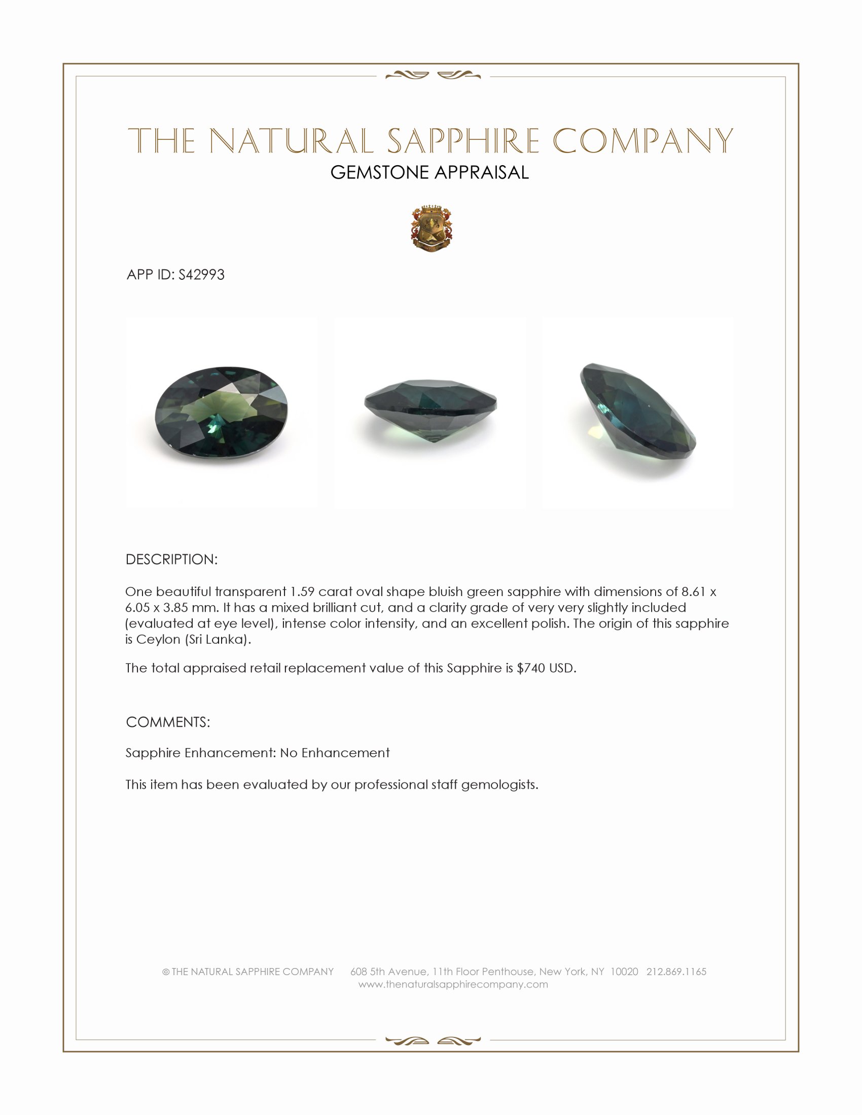 1.59 Ct. Bluish Green Sapphire from Ceylon (Sri Lanka)