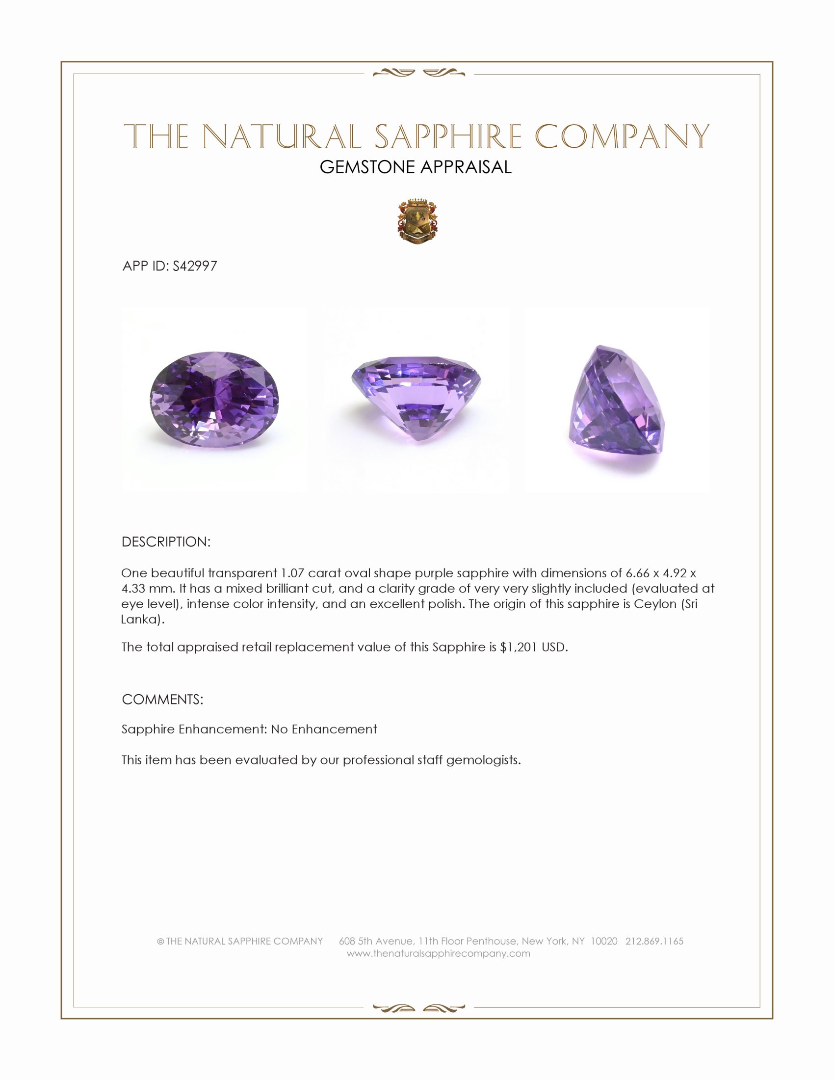 1.07 Ct. Purple Sapphire from Ceylon (Sri Lanka)