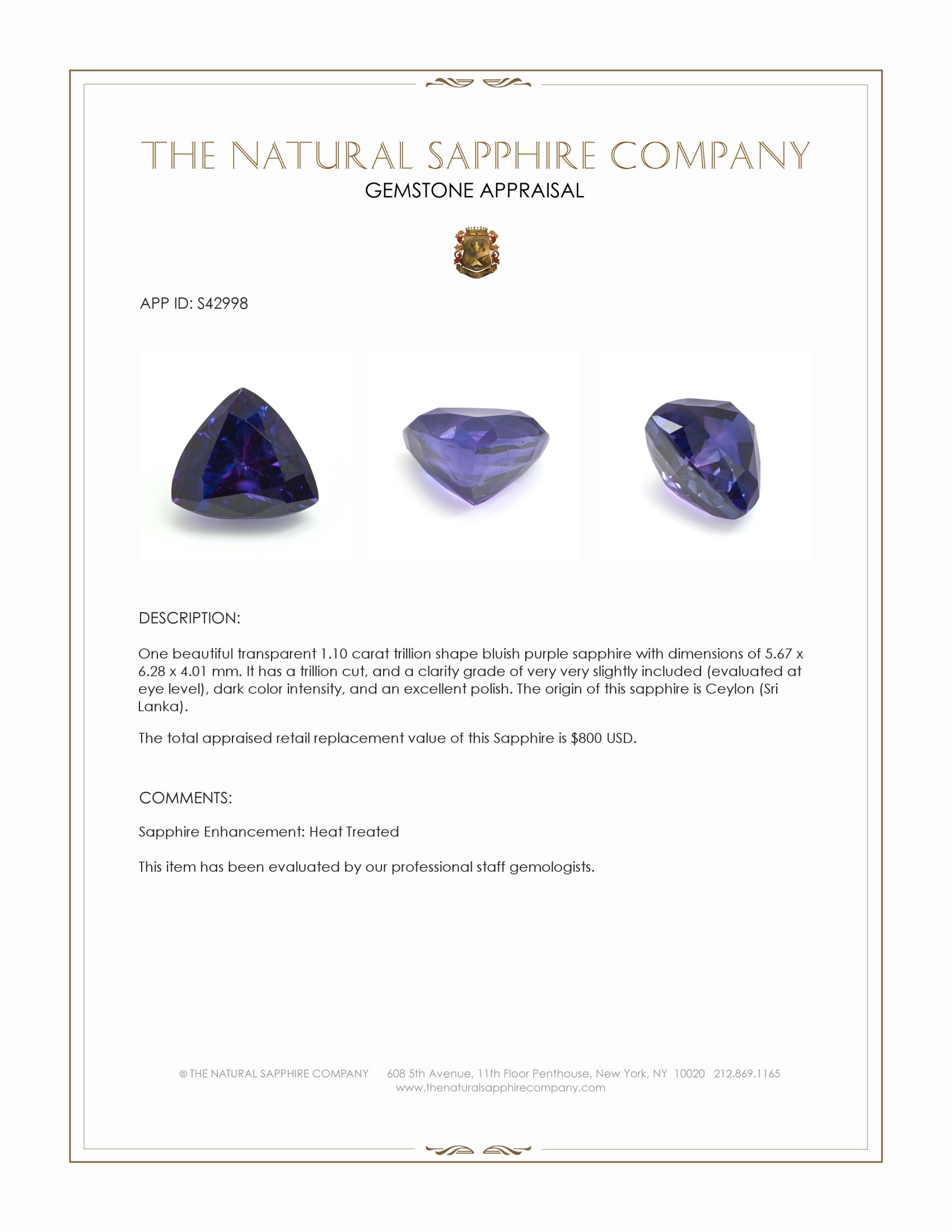 1.10 Ct. Bluish Purple Sapphire from Ceylon (Sri Lanka)