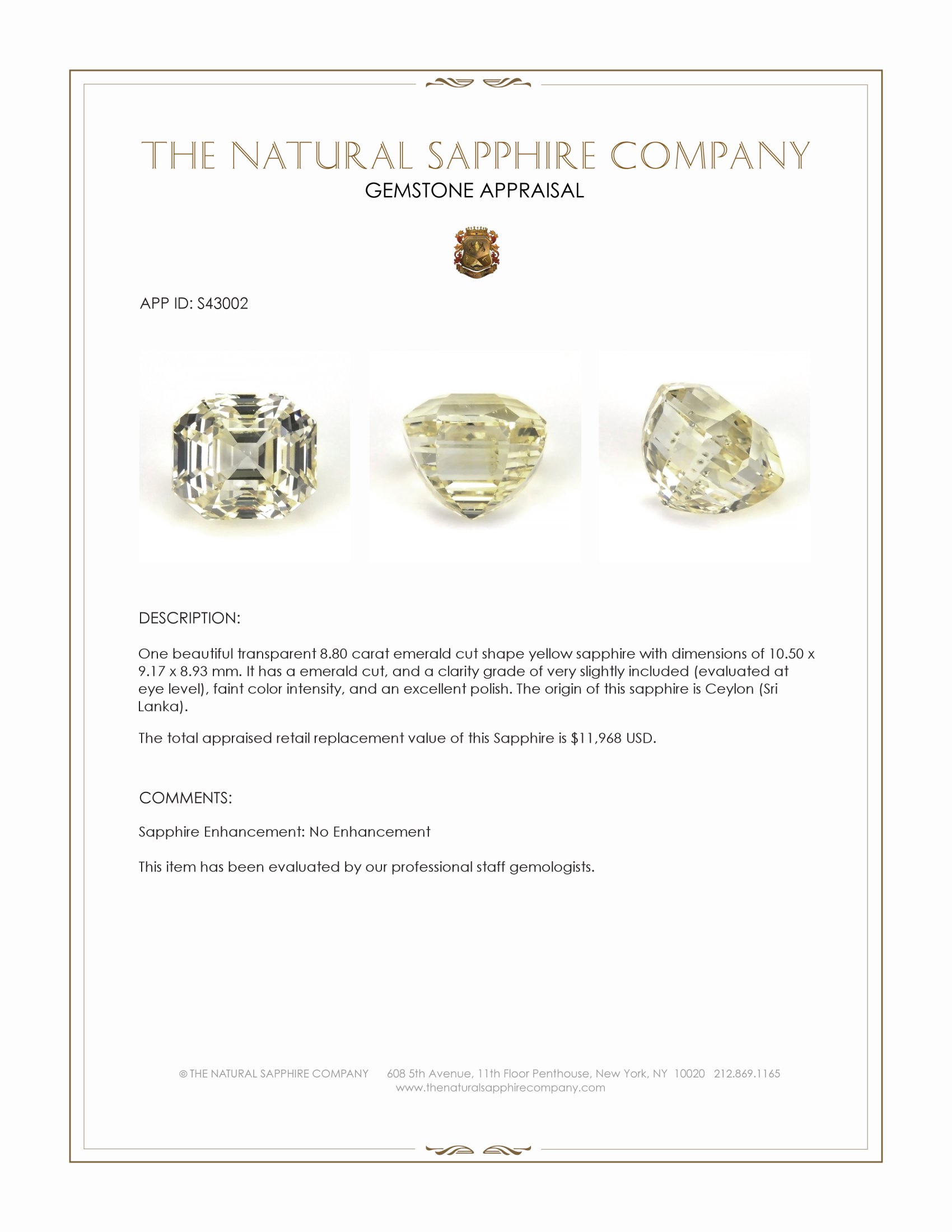 8.80 Ct. Yellow Sapphire from Ceylon (Sri Lanka)