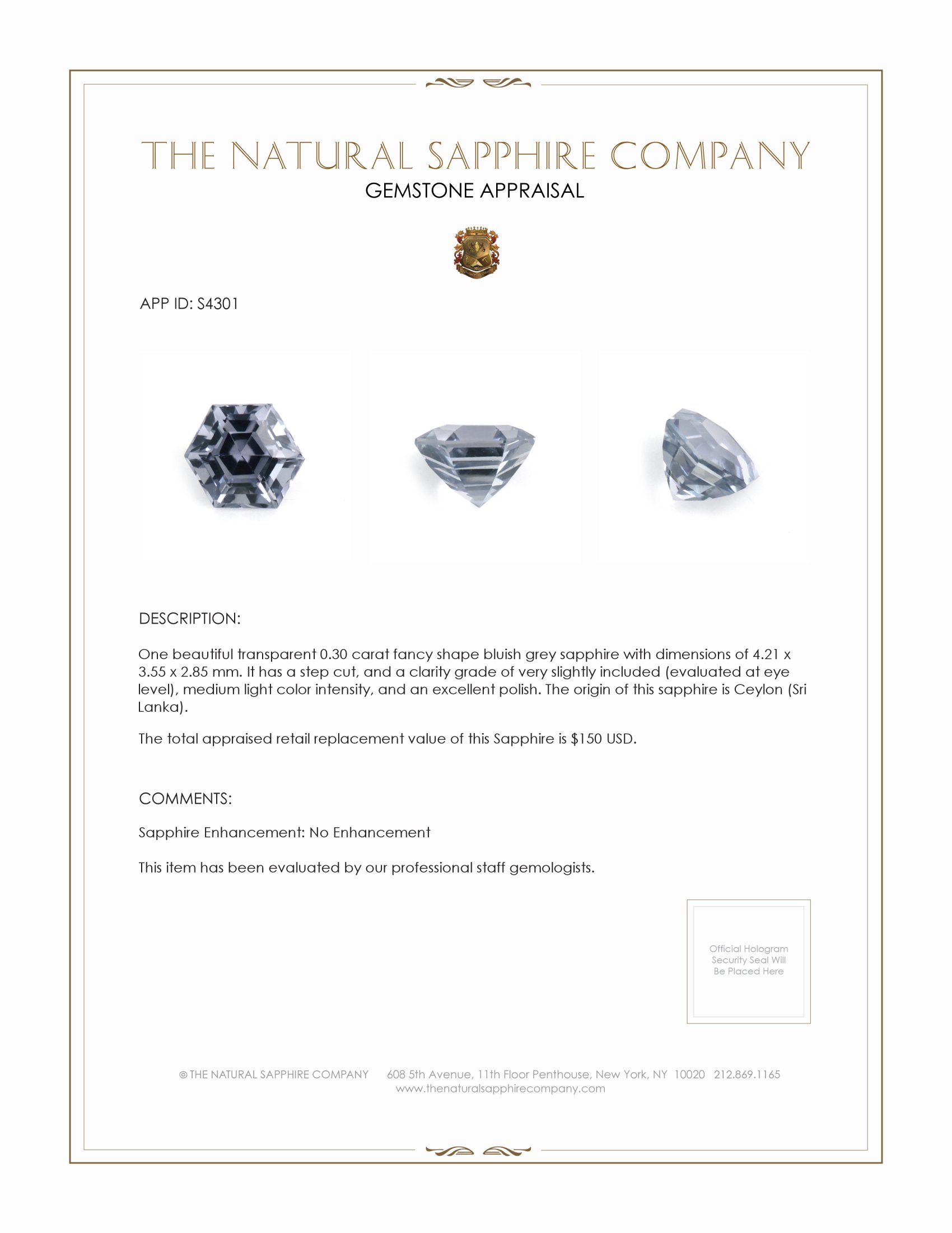 0.30 Ct. Bluish Grey Sapphire from Ceylon (Sri Lanka)