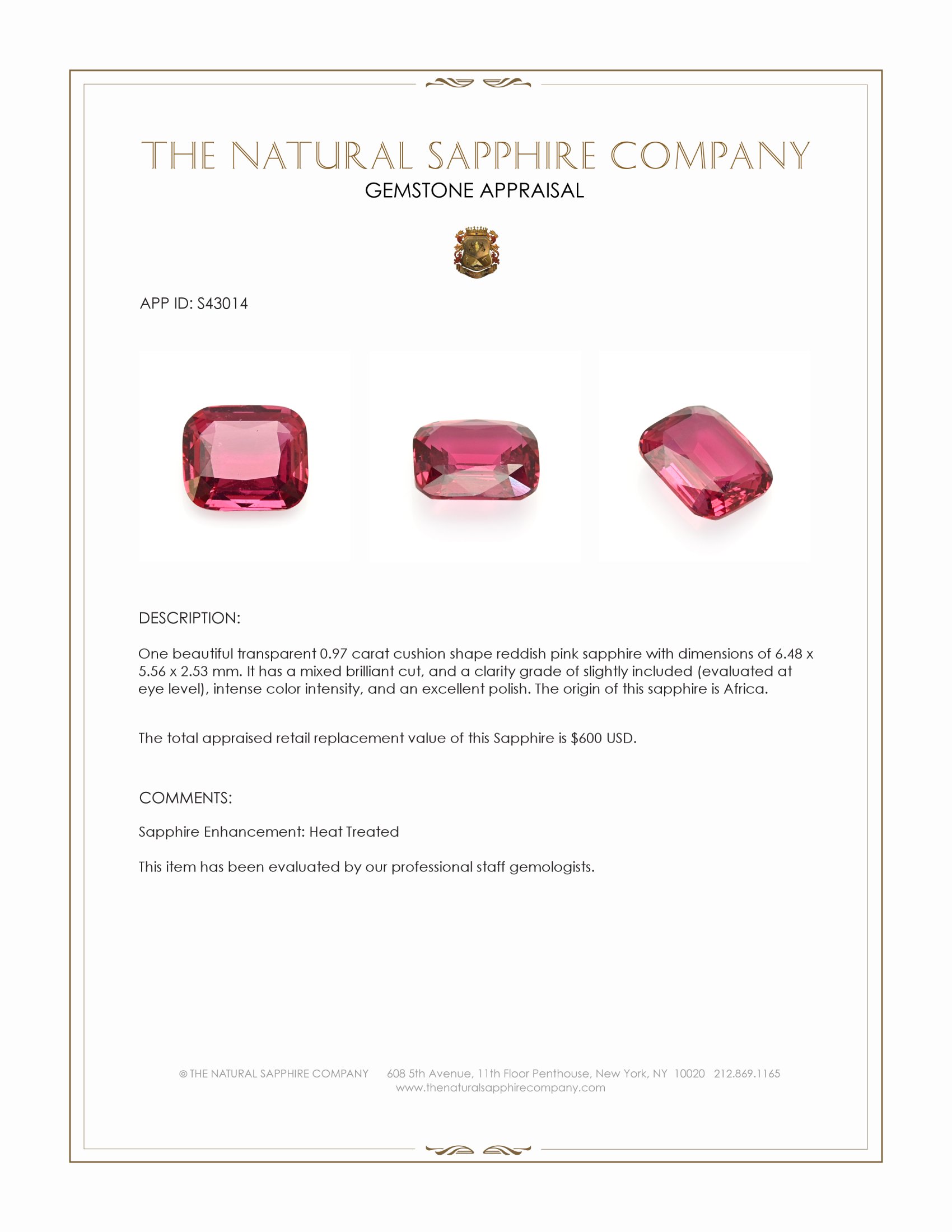 0.97 Ct. Reddish Pink Sapphire from Africa