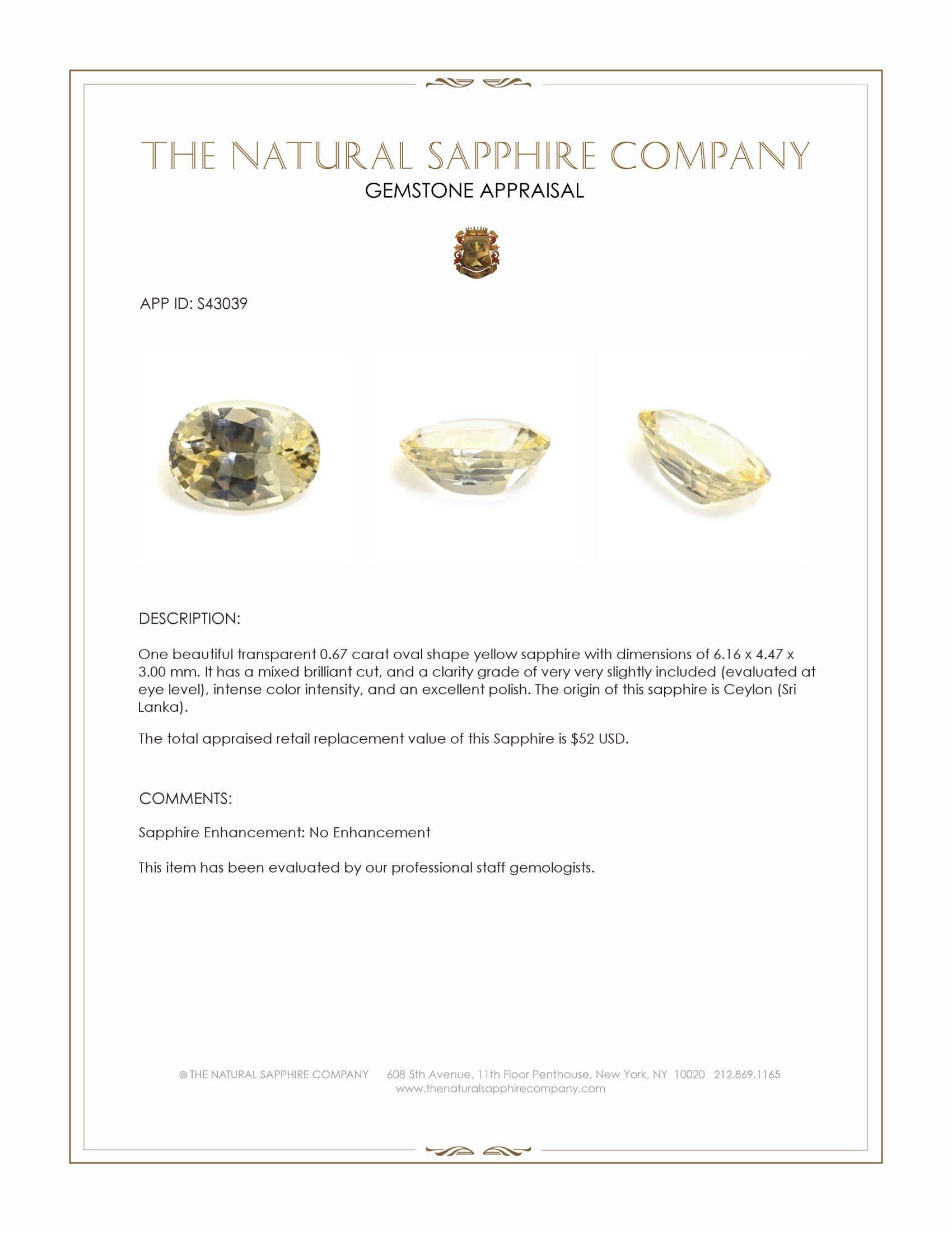 0.67 Ct. Yellow Sapphire from Ceylon (Sri Lanka)