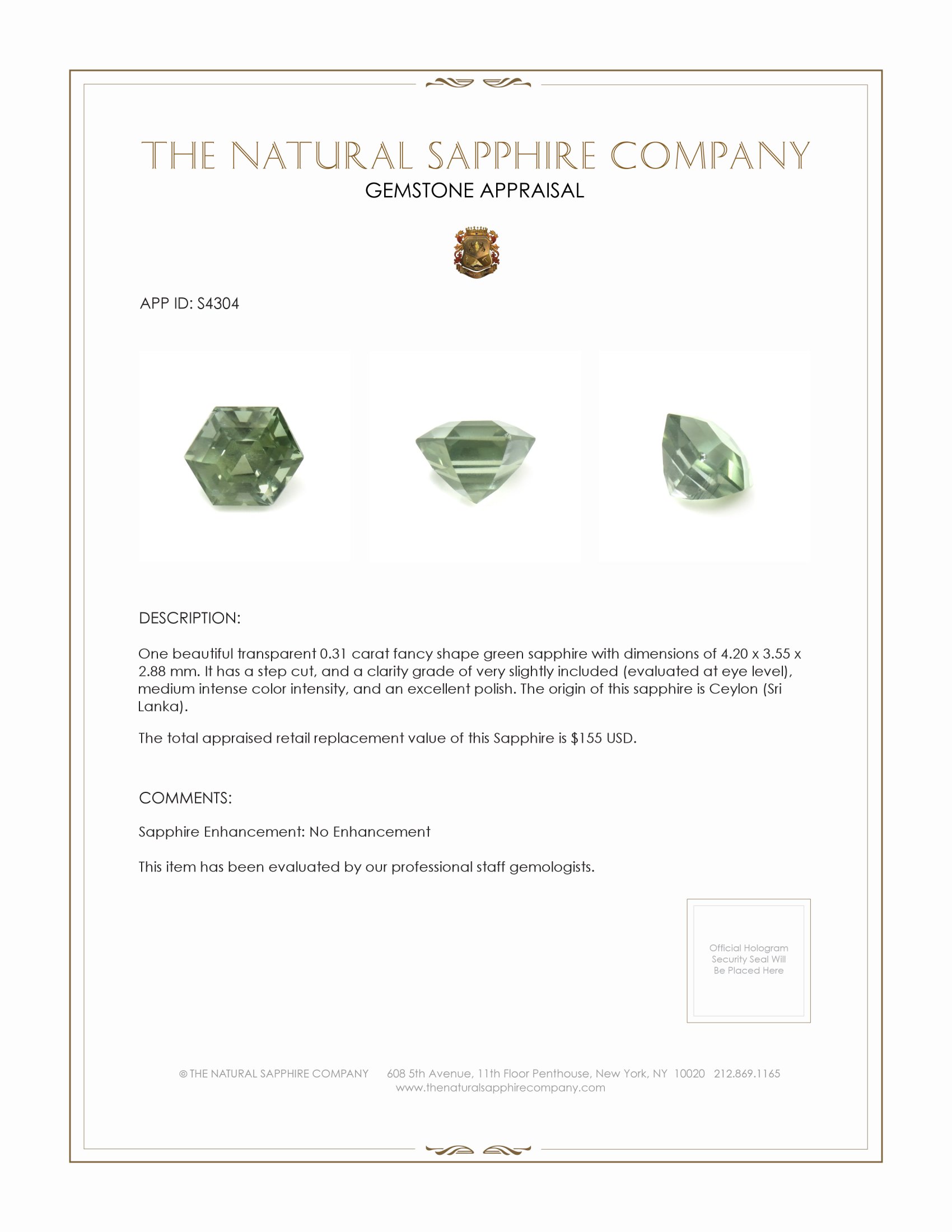 0.31 Ct. Green Sapphire from Ceylon (Sri Lanka)