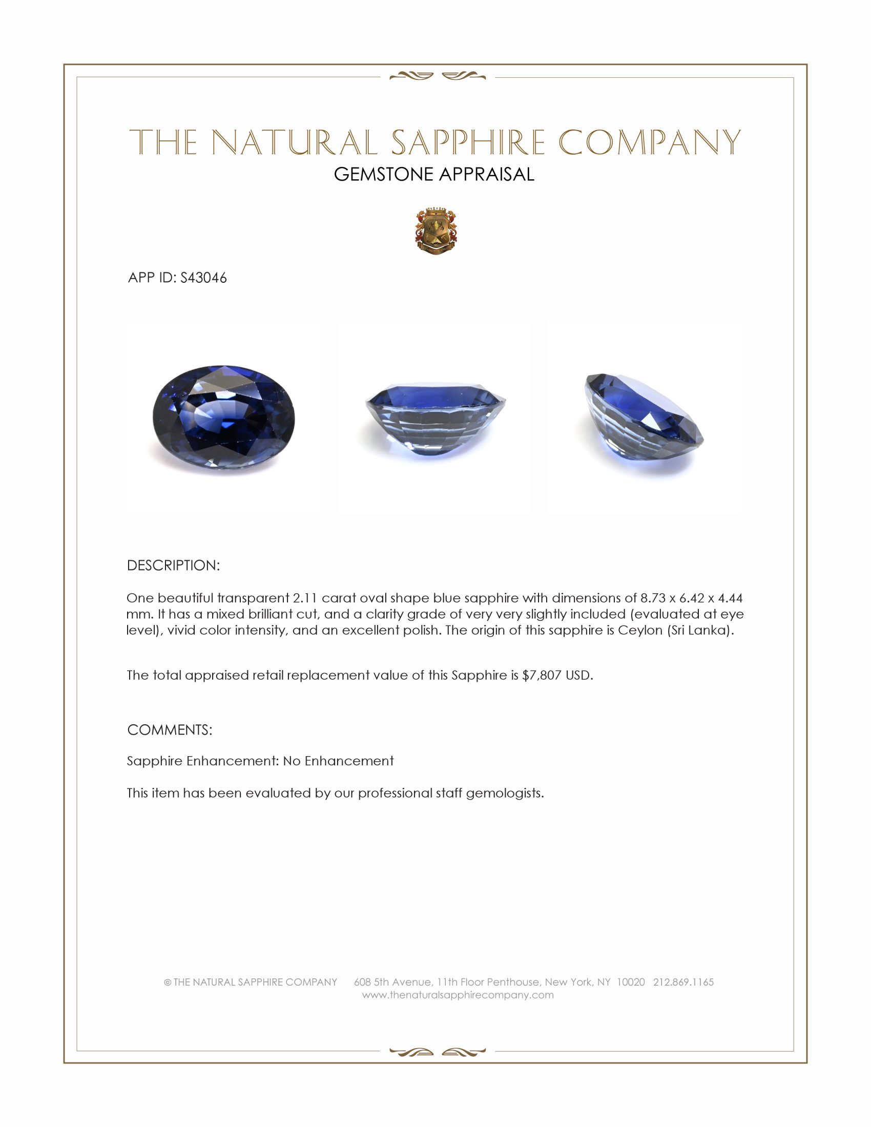 2.11 Ct. Blue Sapphire from Ceylon (Sri Lanka)