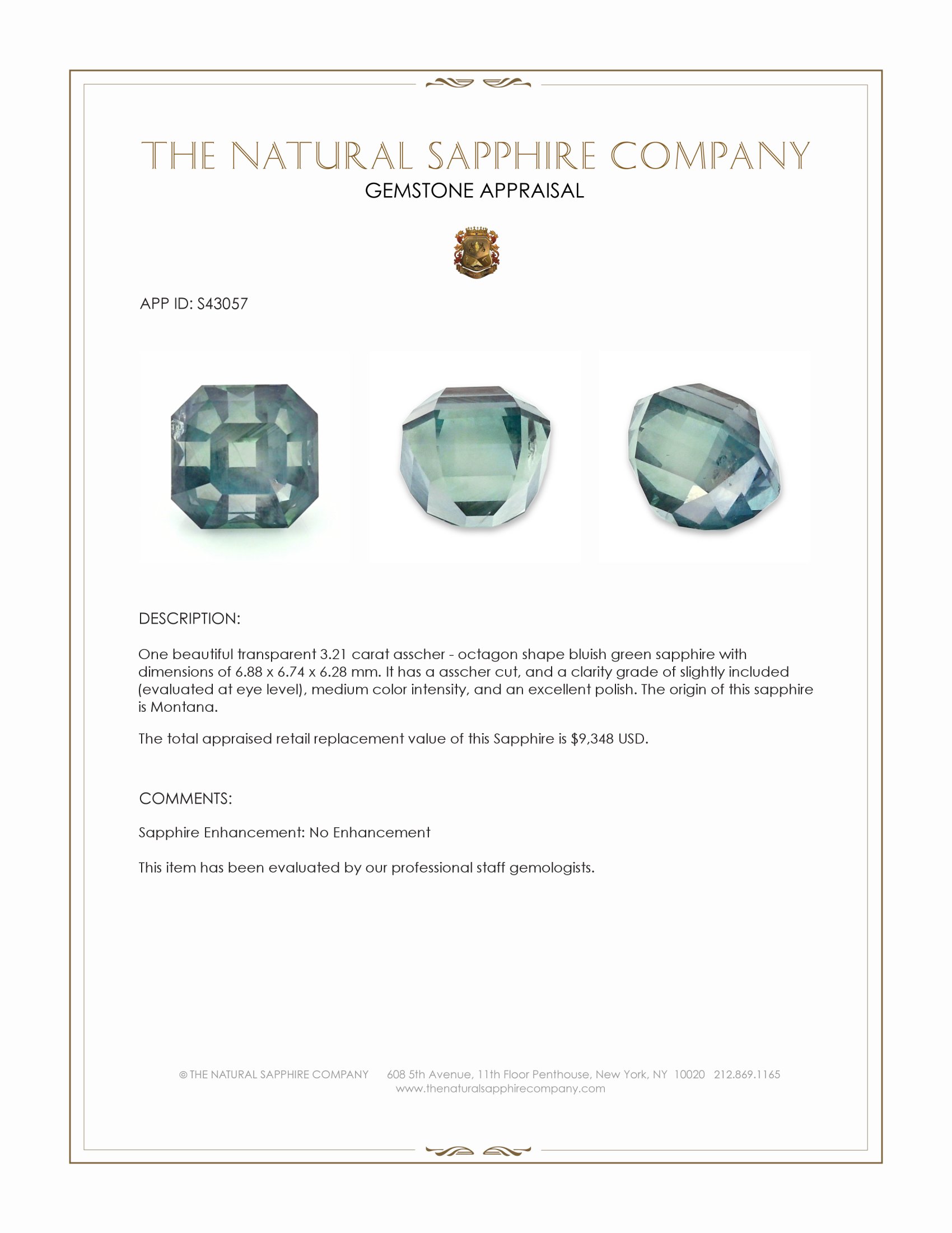 3.21 Ct. Bluish Green Sapphire from Montana