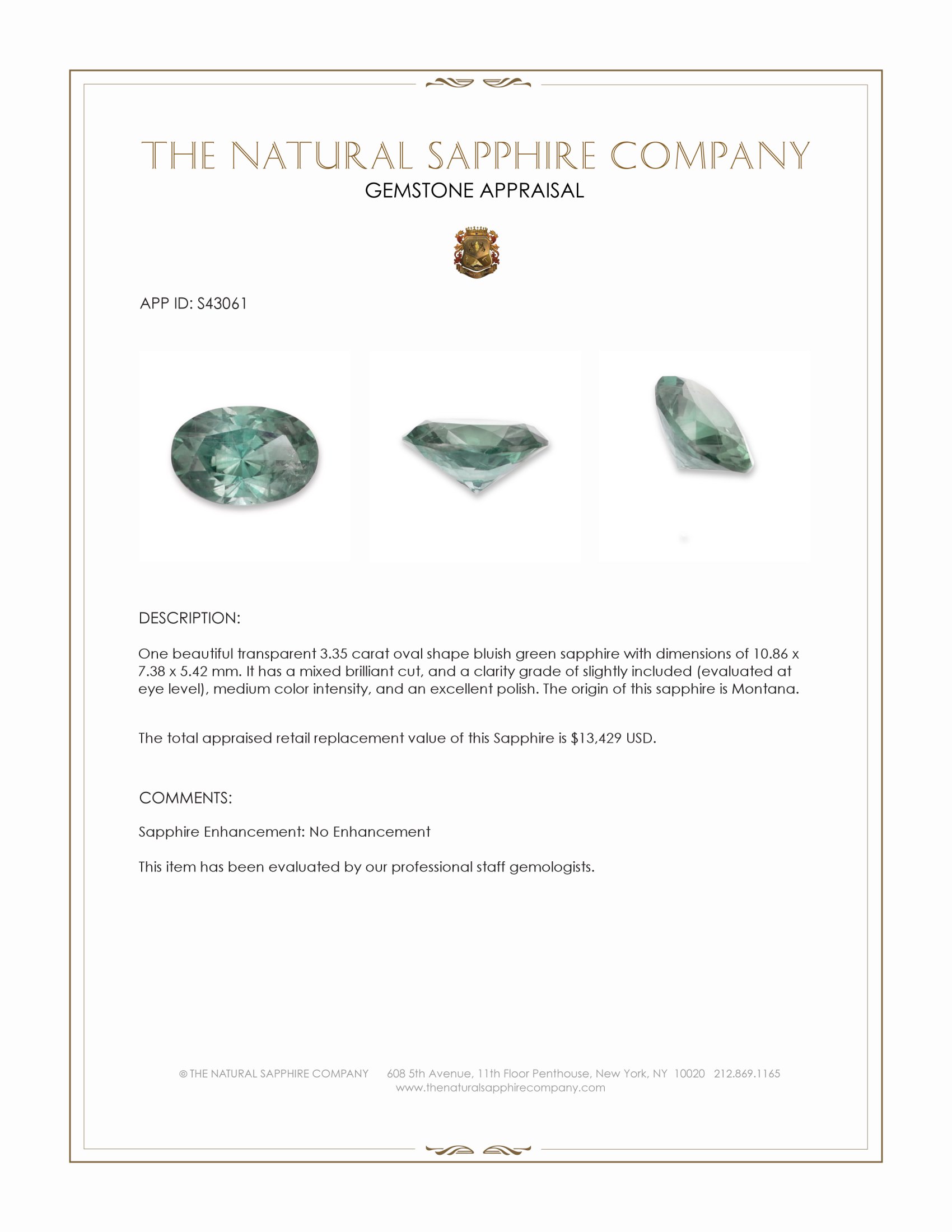3.35 Ct. Bluish Green Sapphire from Montana