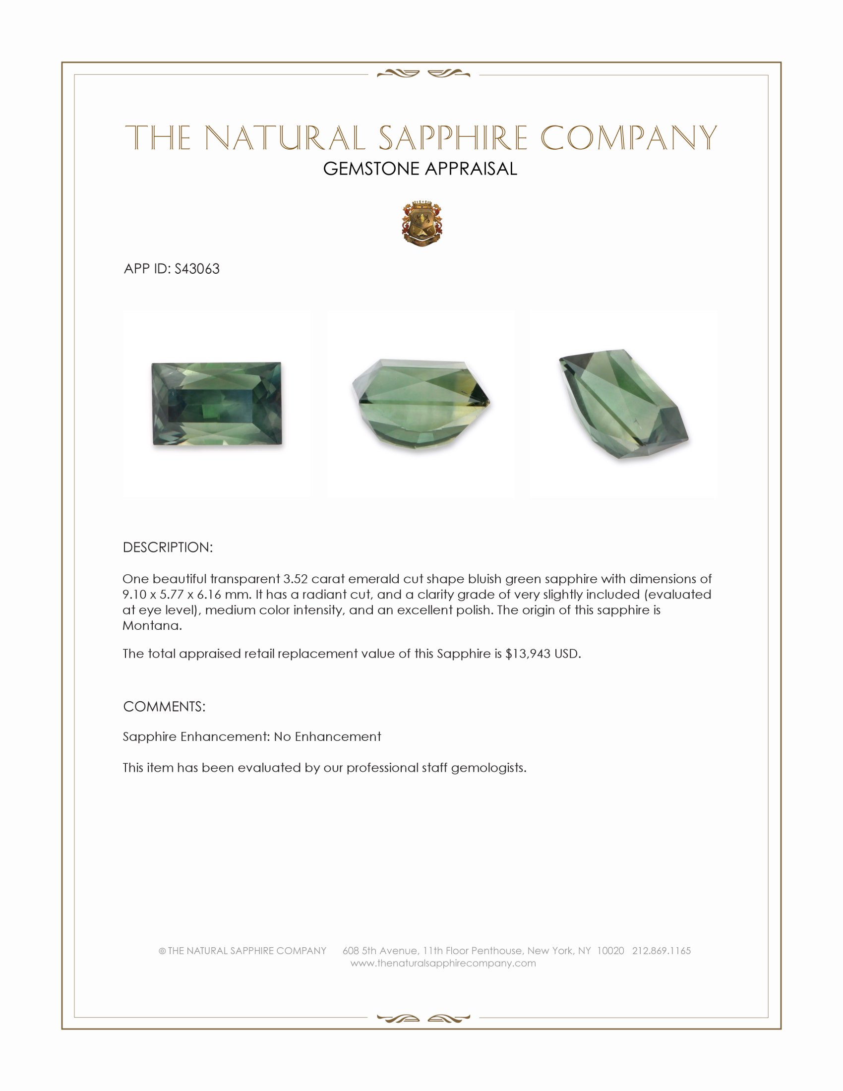 3.52 Ct. Bluish Green Sapphire from Montana