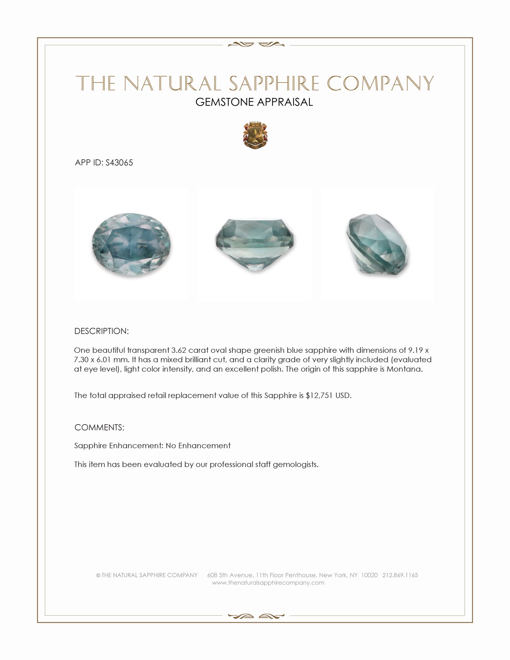 3.62 Ct. Greenish Blue Sapphire from Montana