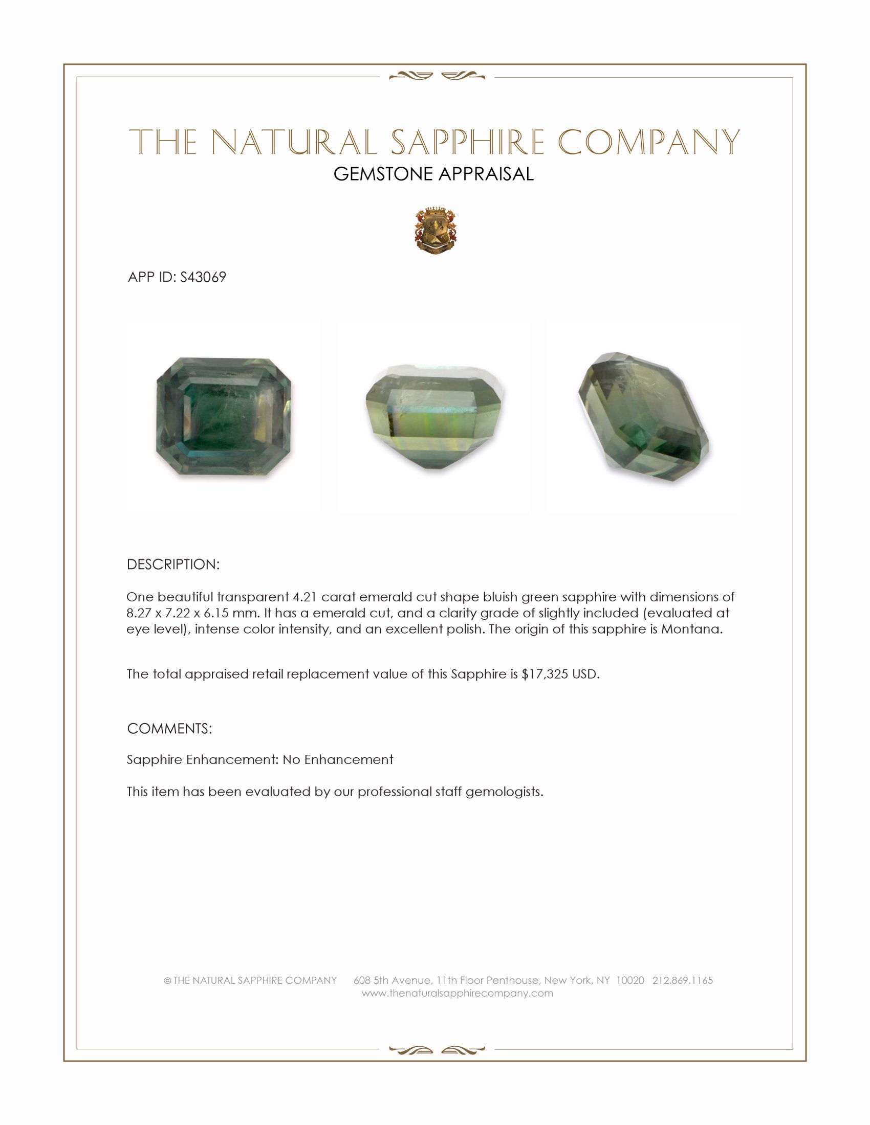 4.21 Ct. Bluish Green Sapphire from Montana