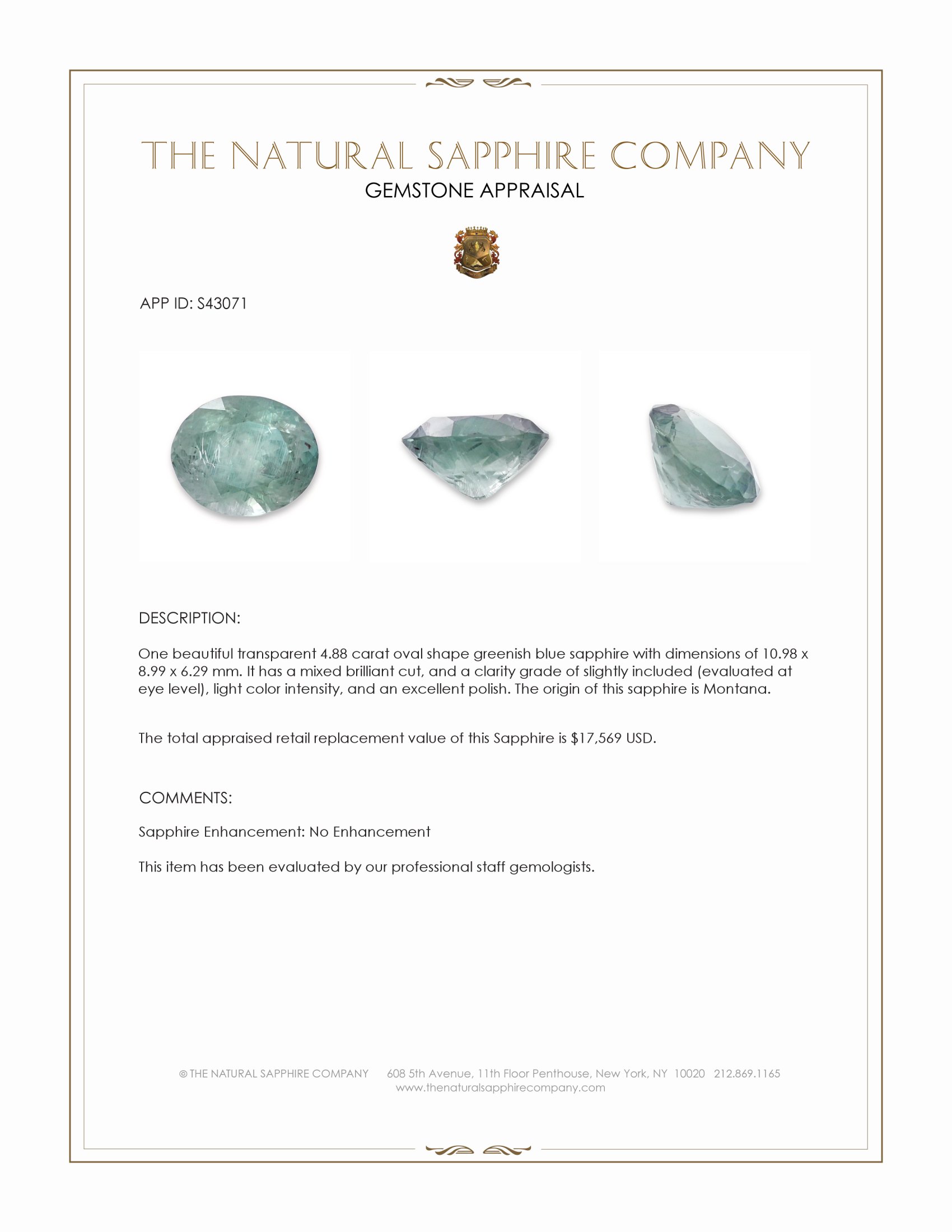 4.88 Ct. Greenish Blue Sapphire from Montana