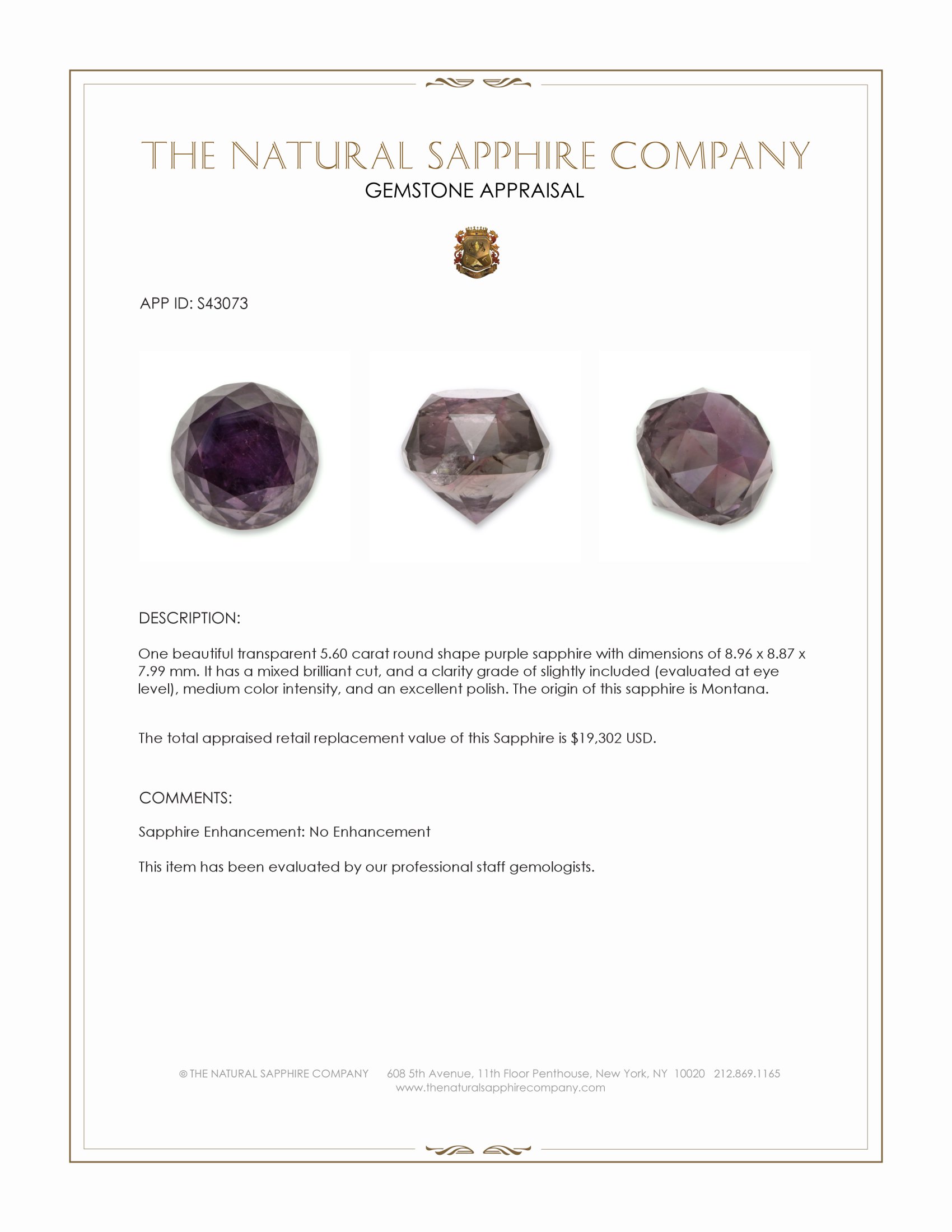 5.60 Ct. Purple Sapphire from Montana