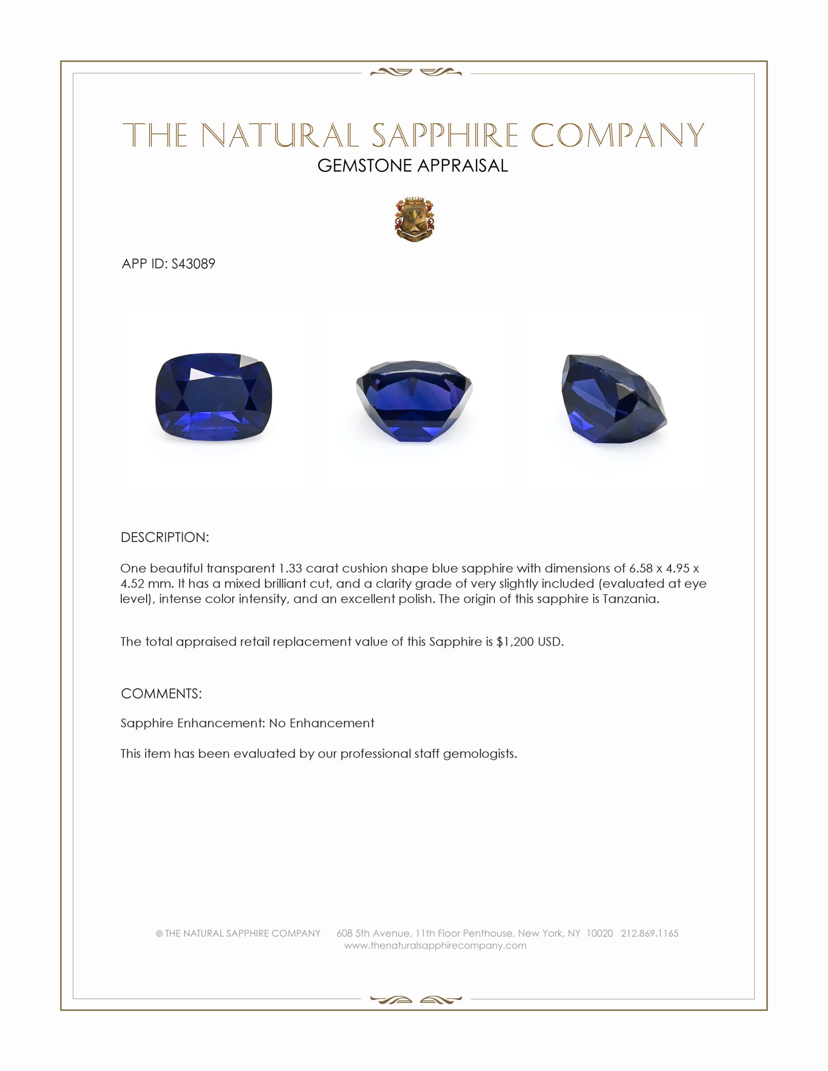1.33 Ct. Blue Sapphire from Tanzania