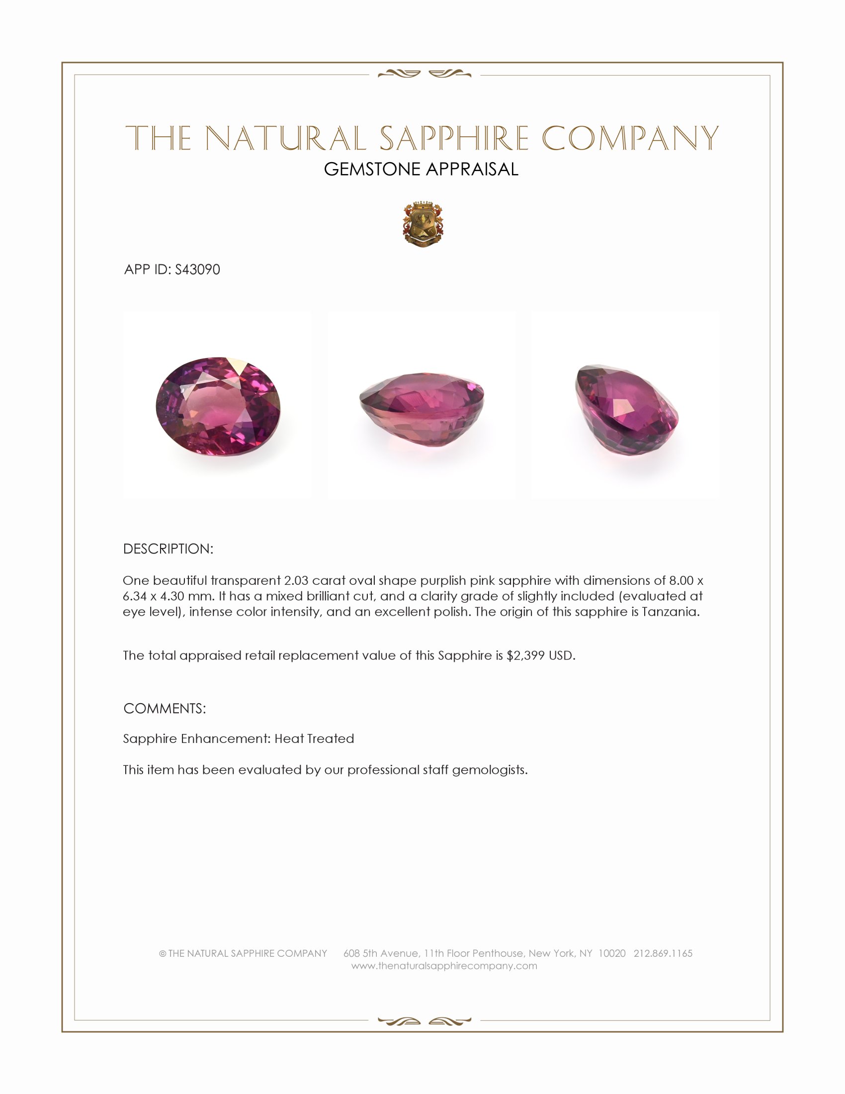 2.03 Ct. Purplish Pink Sapphire from Tanzania