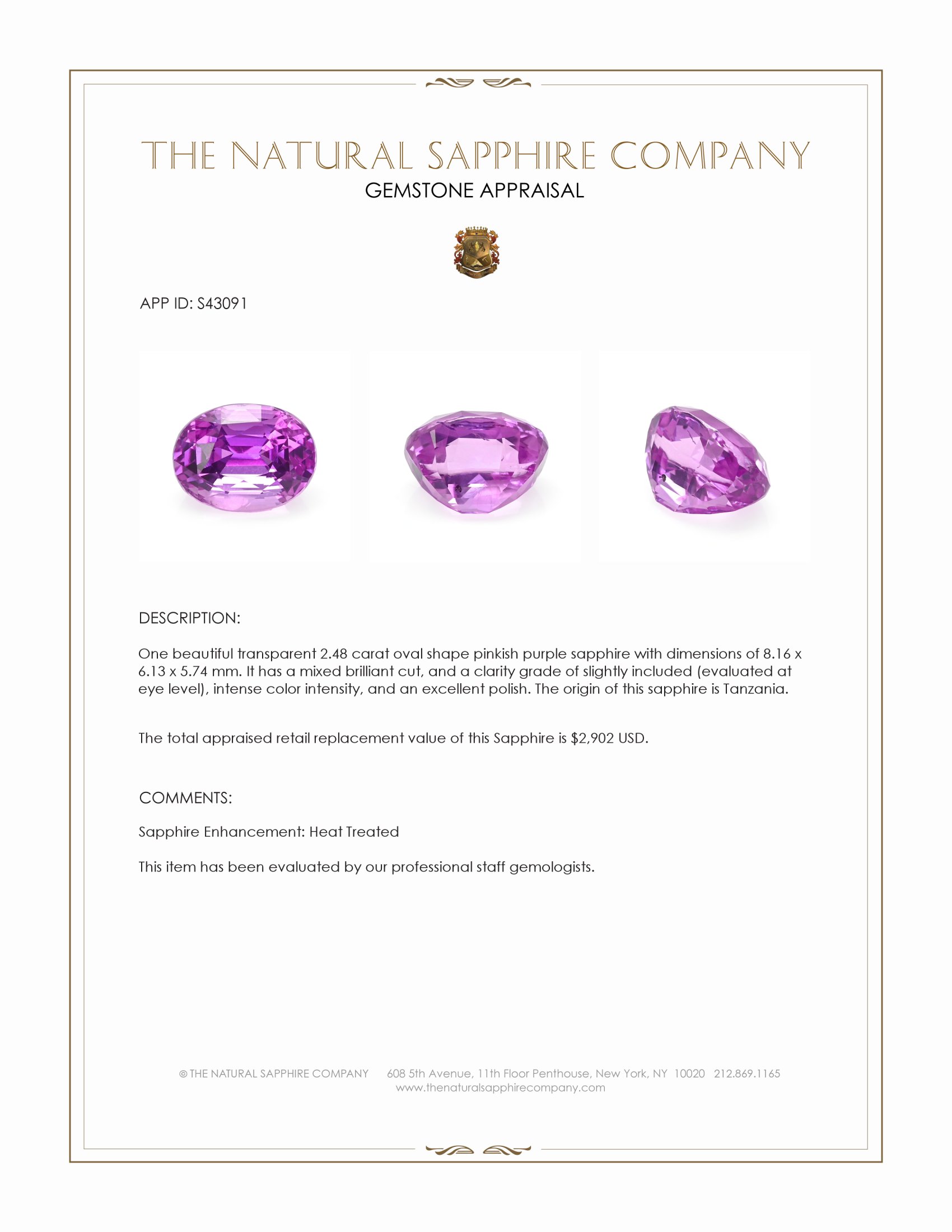 2.48 Ct. Pinkish Purple Sapphire from Tanzania