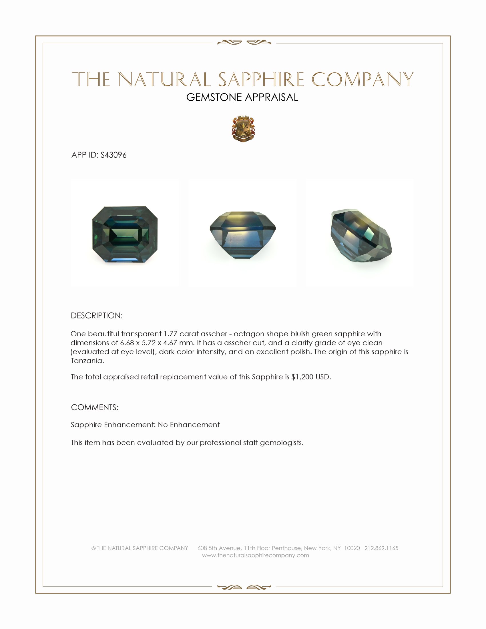 1.77 Ct. Bluish Green Sapphire from Tanzania