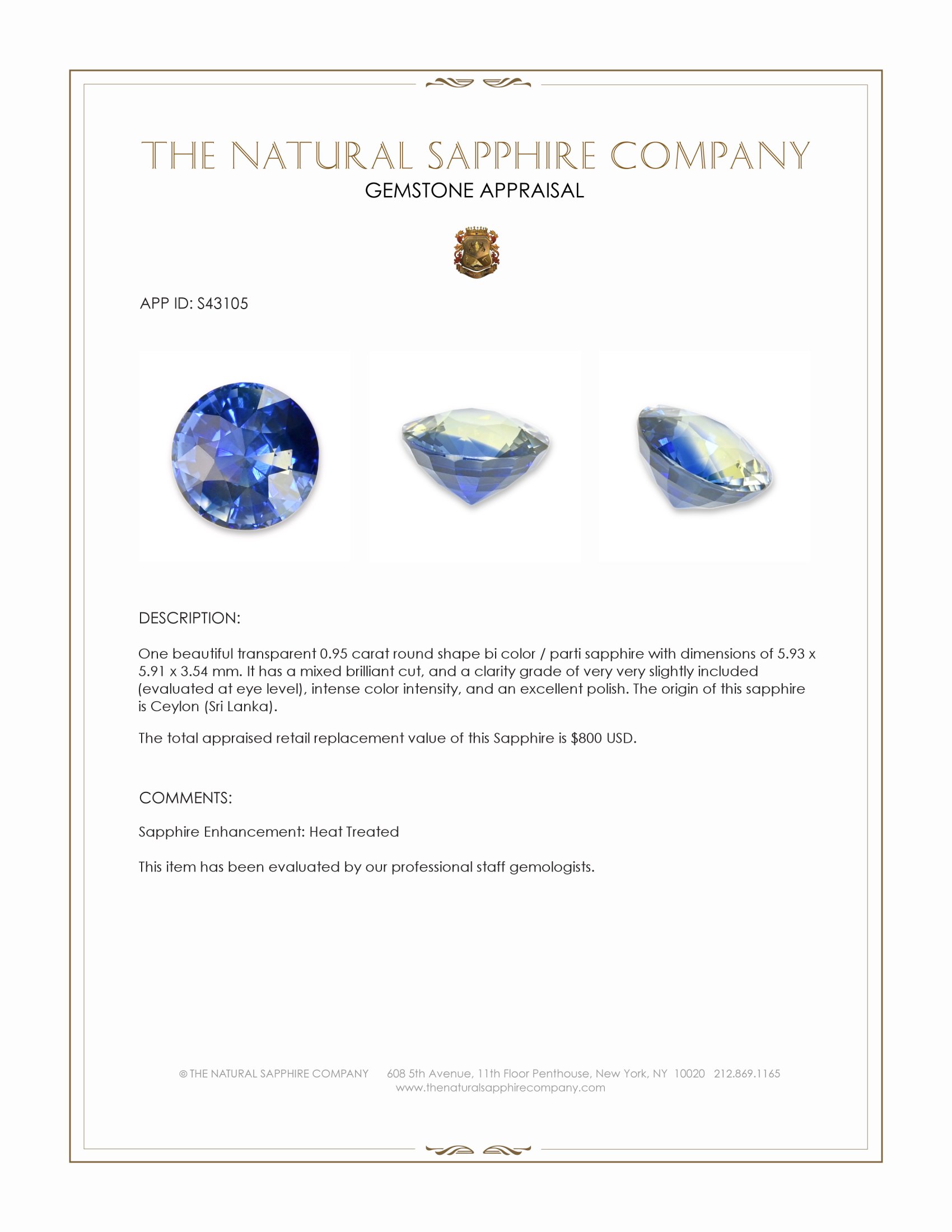 0.95 Ct. Bi Color / Parti Sapphire from Ceylon (Sri Lanka)