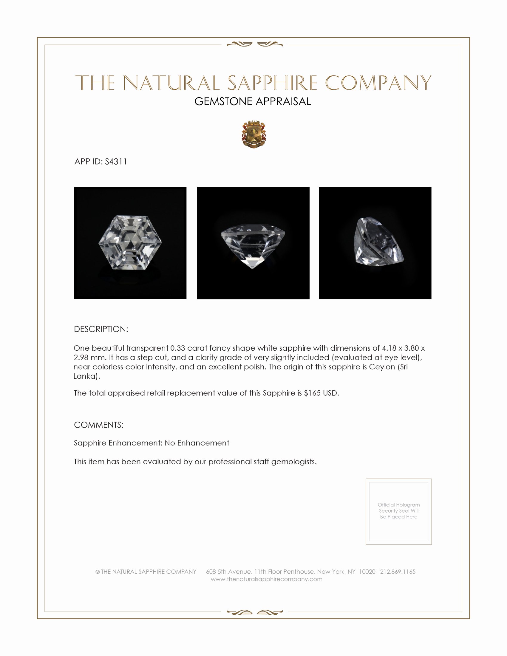 0.33 Ct. White Sapphire from Ceylon (Sri Lanka)