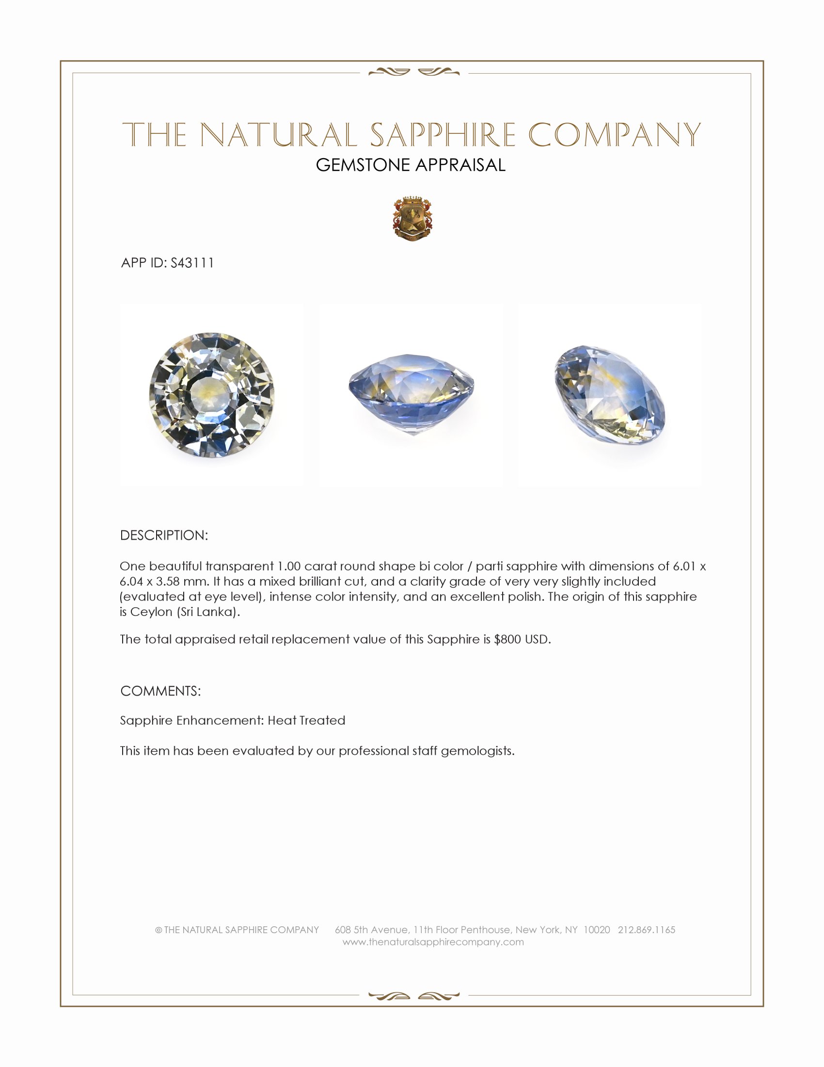 1.00 Ct. Bi Color / Parti Sapphire from Ceylon (Sri Lanka)