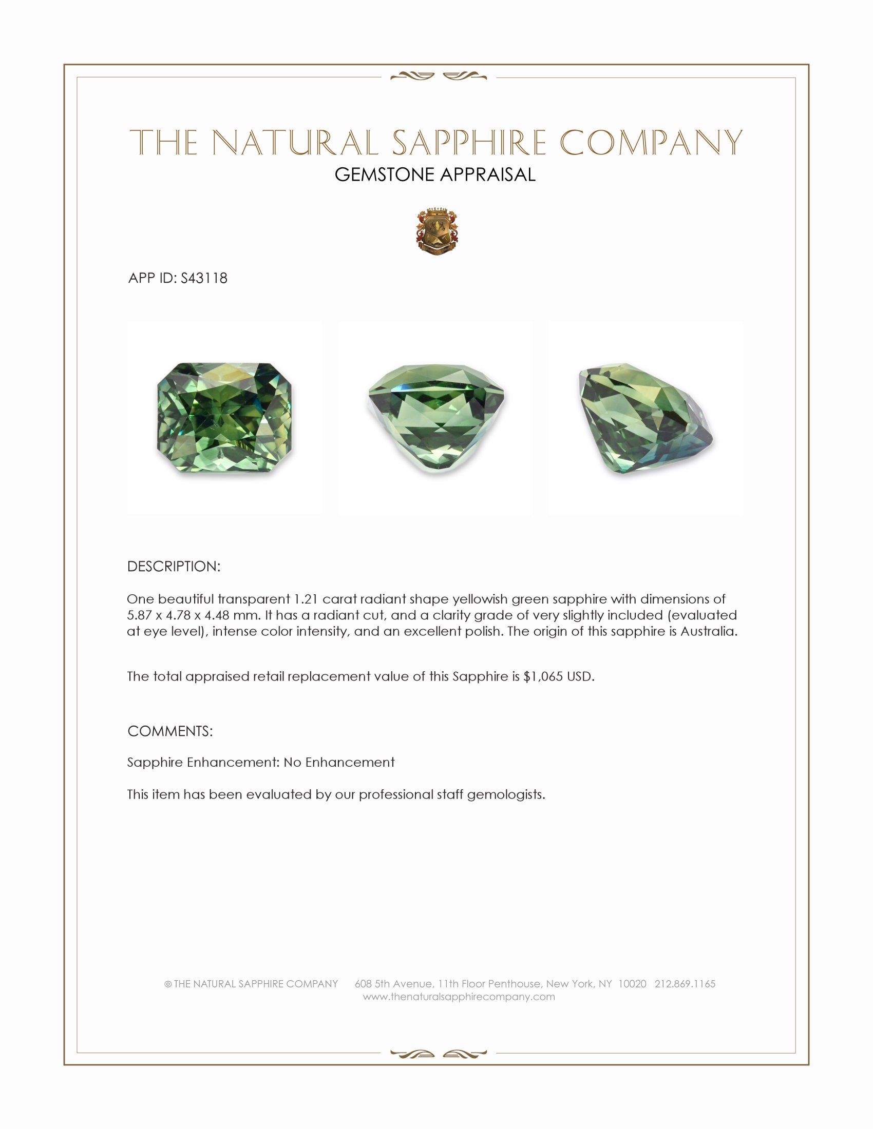 1.21 Ct. Yellowish Green Sapphire from Australia