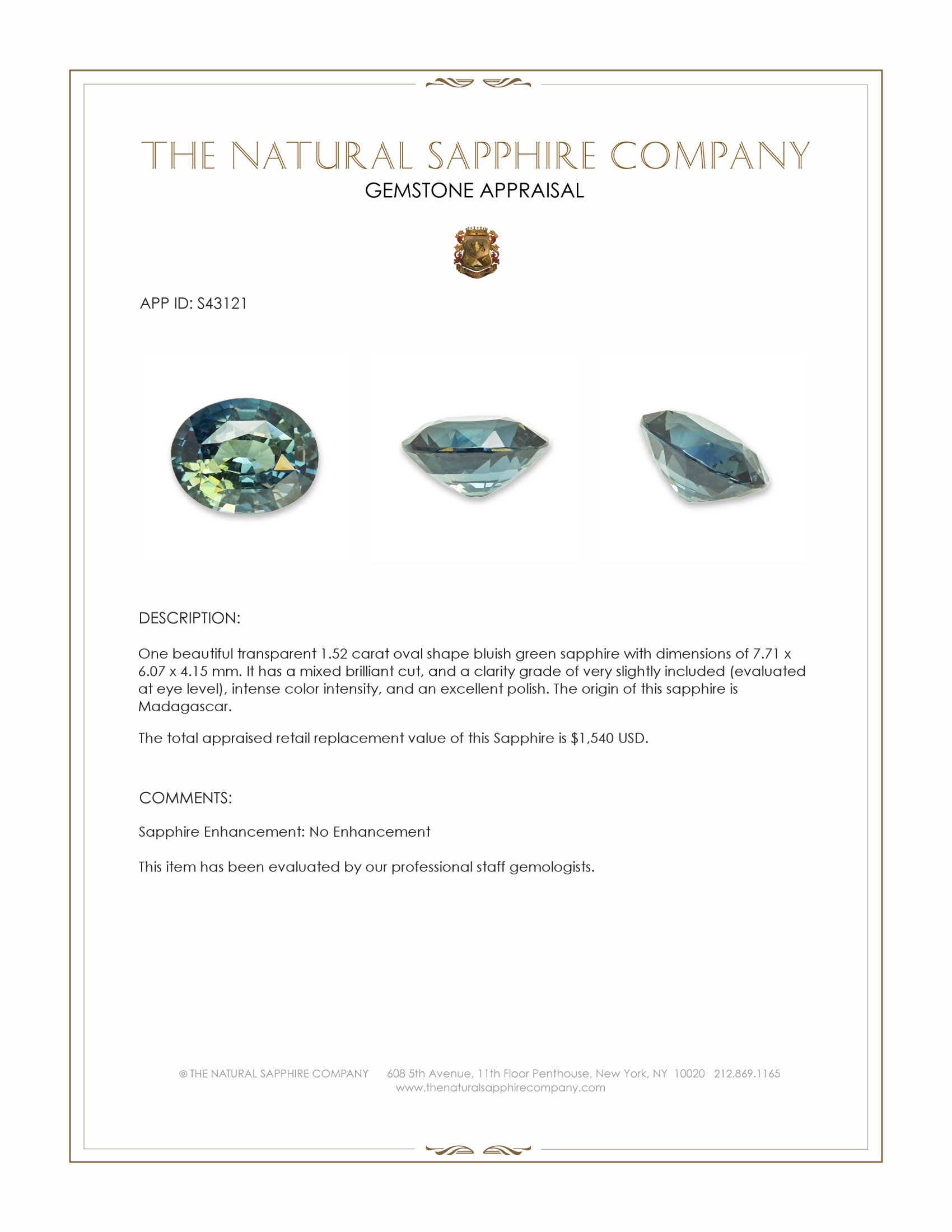 1.52 Ct. Bluish Green Sapphire from Madagascar
