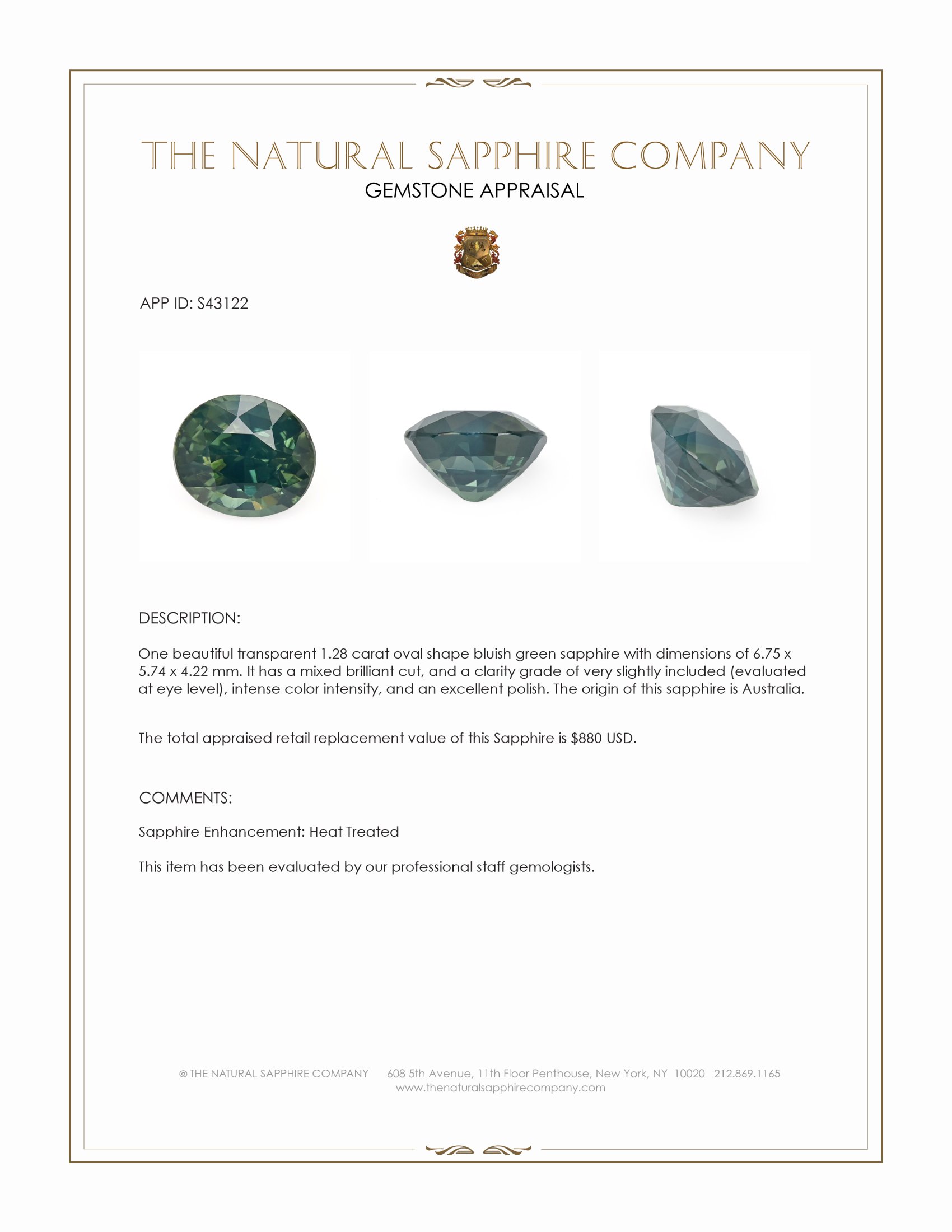 1.28 Ct. Bluish Green Sapphire from Australia