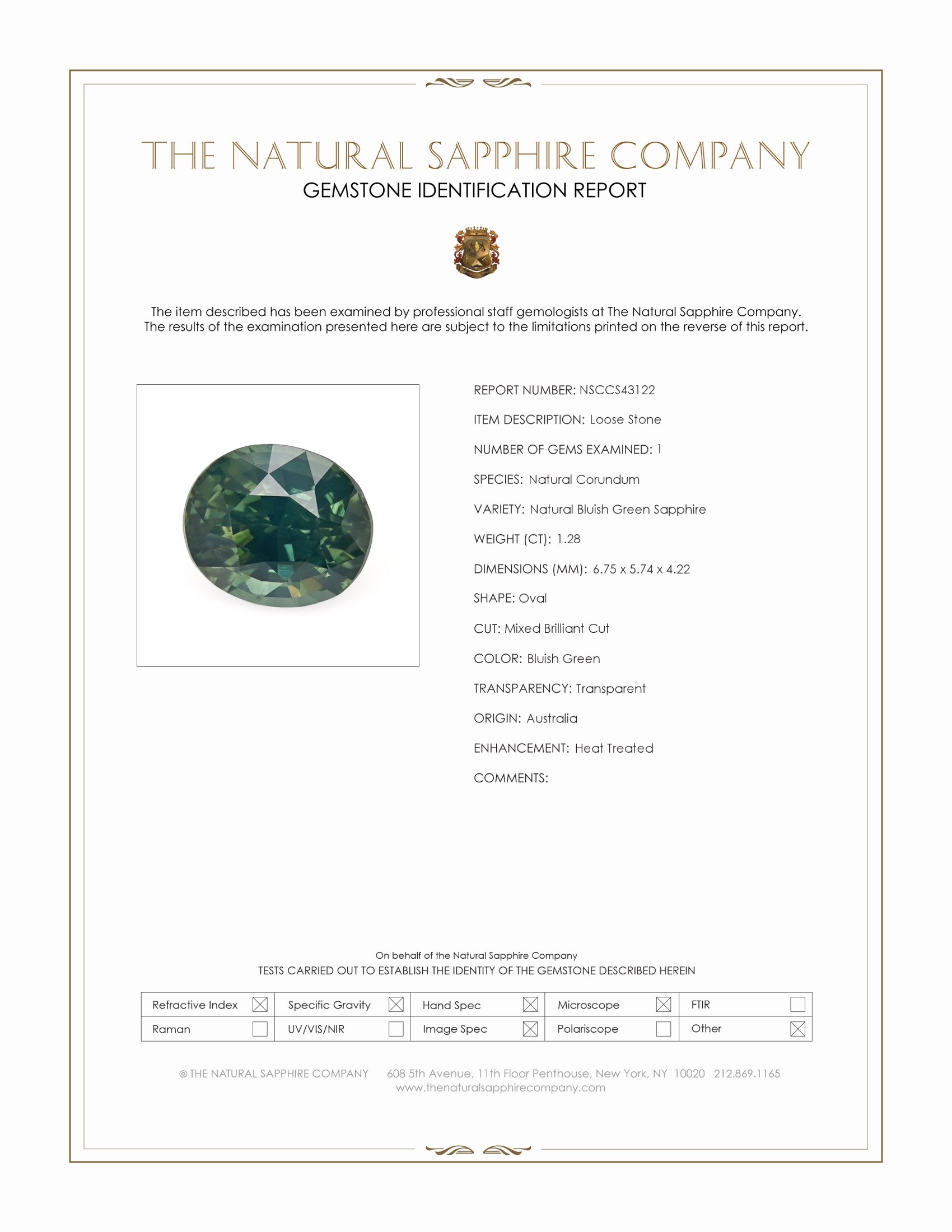 1.28 Ct. Bluish Green Sapphire from Australia