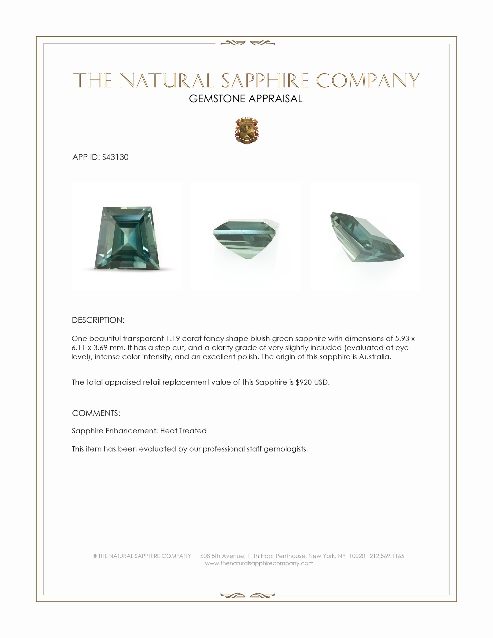1.19 Ct. Bluish Green Sapphire from Australia