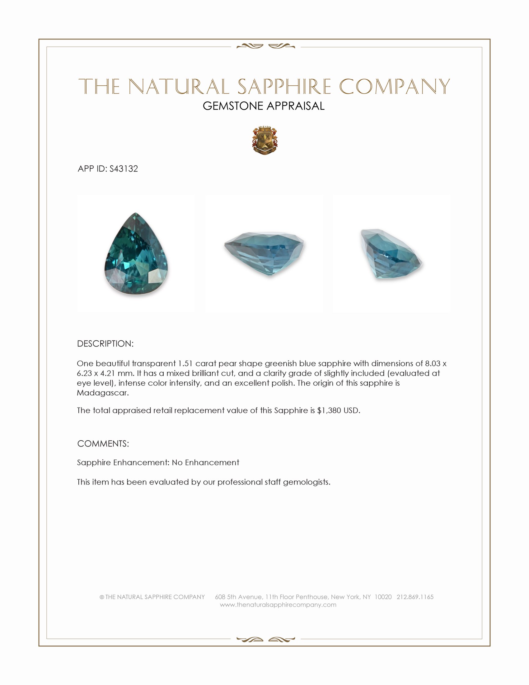 1.51 Ct. Greenish Blue Sapphire from Madagascar