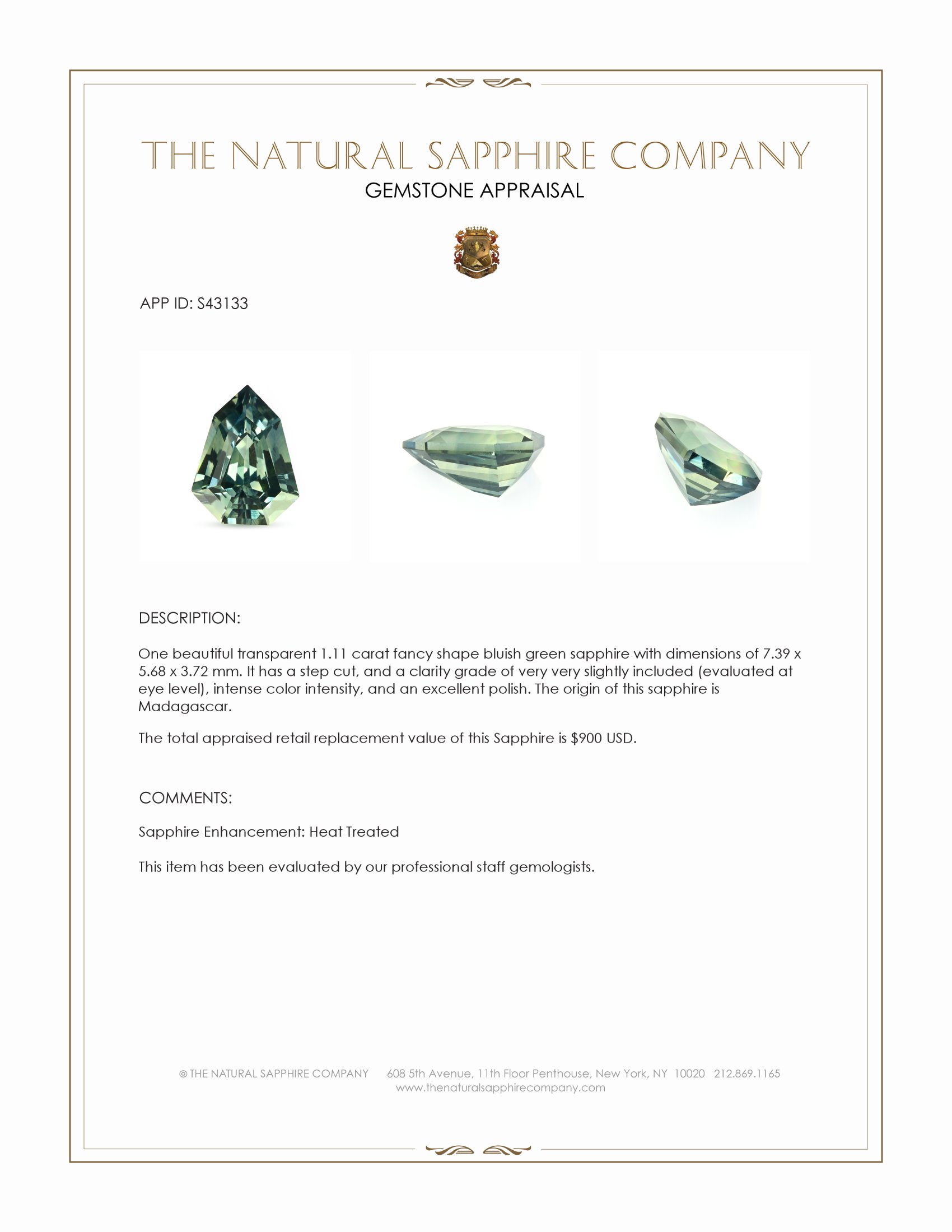 1.11 Ct. Bluish Green Sapphire from Madagascar