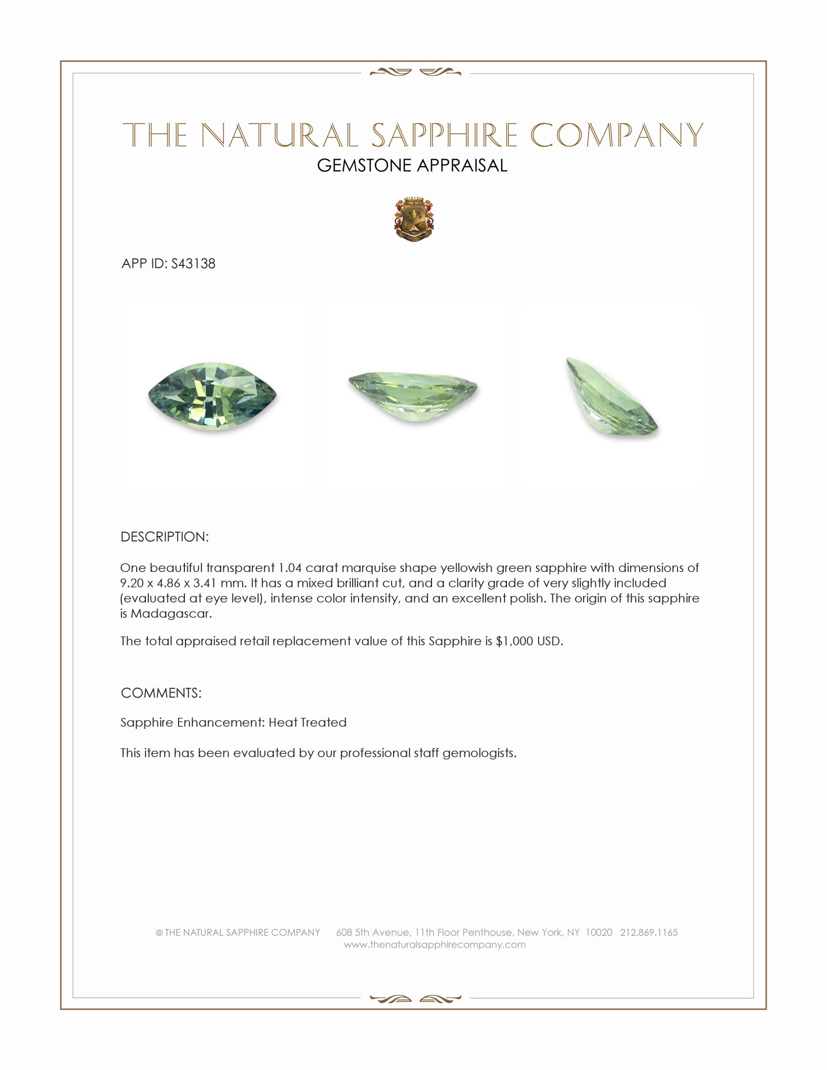 1.04 Ct. Yellowish Green Sapphire from Madagascar